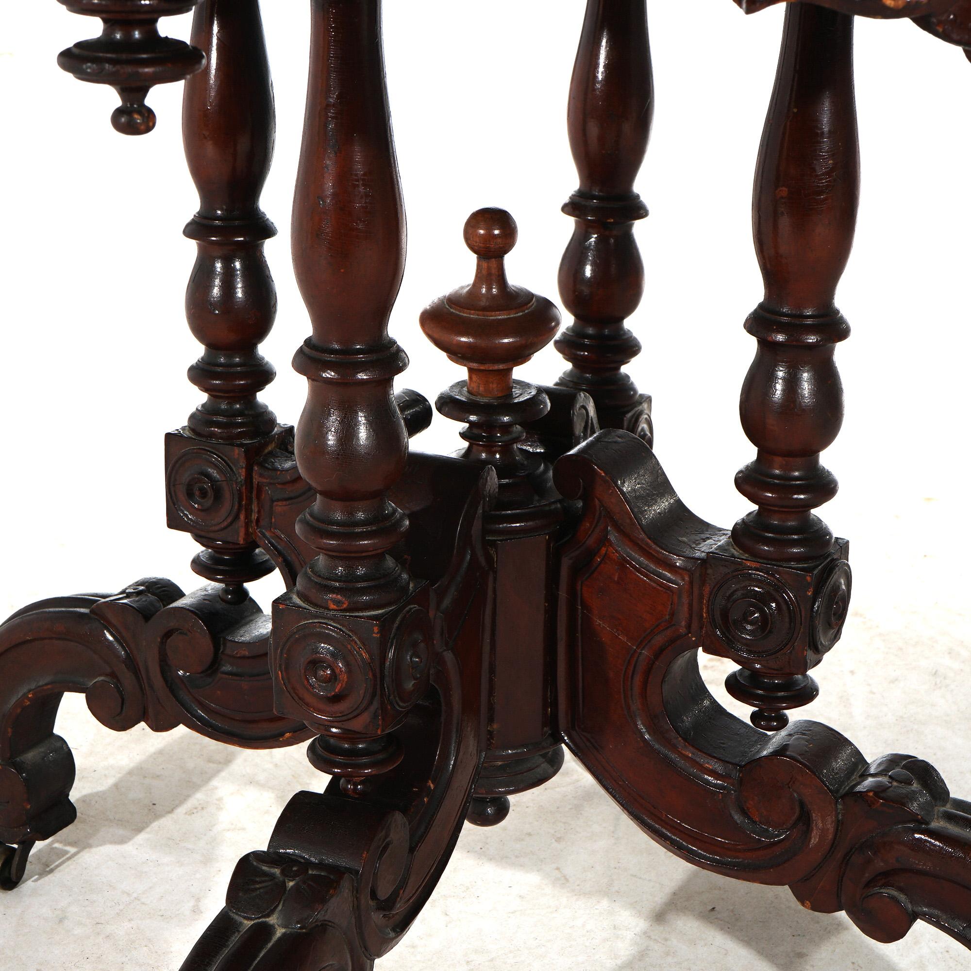 Antique Renaissance Revival Carved Walnut & Marble Turtle Top Table C1890 For Sale 5