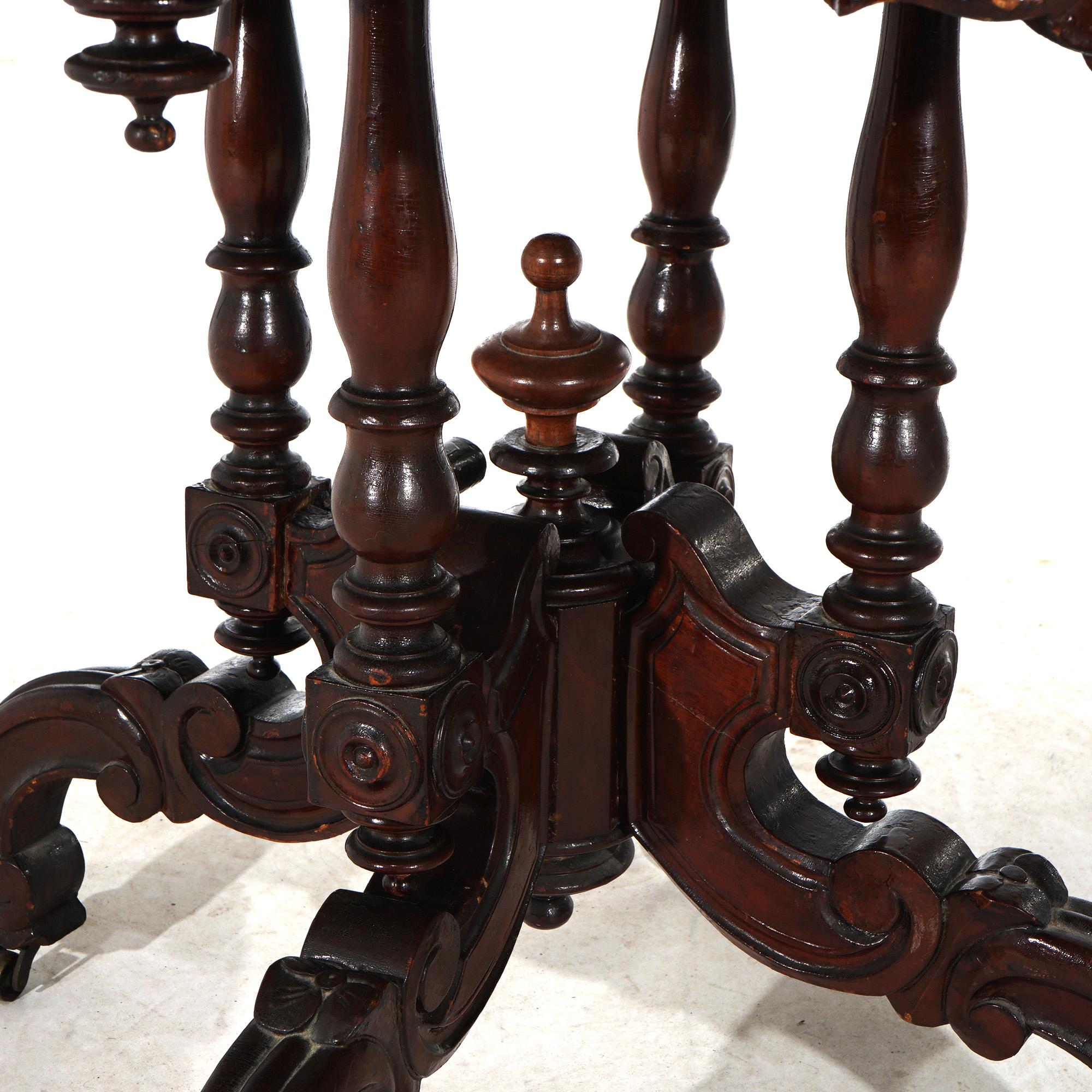 Antique Renaissance Revival Carved Walnut & Marble Turtle Top Table C1890 5
