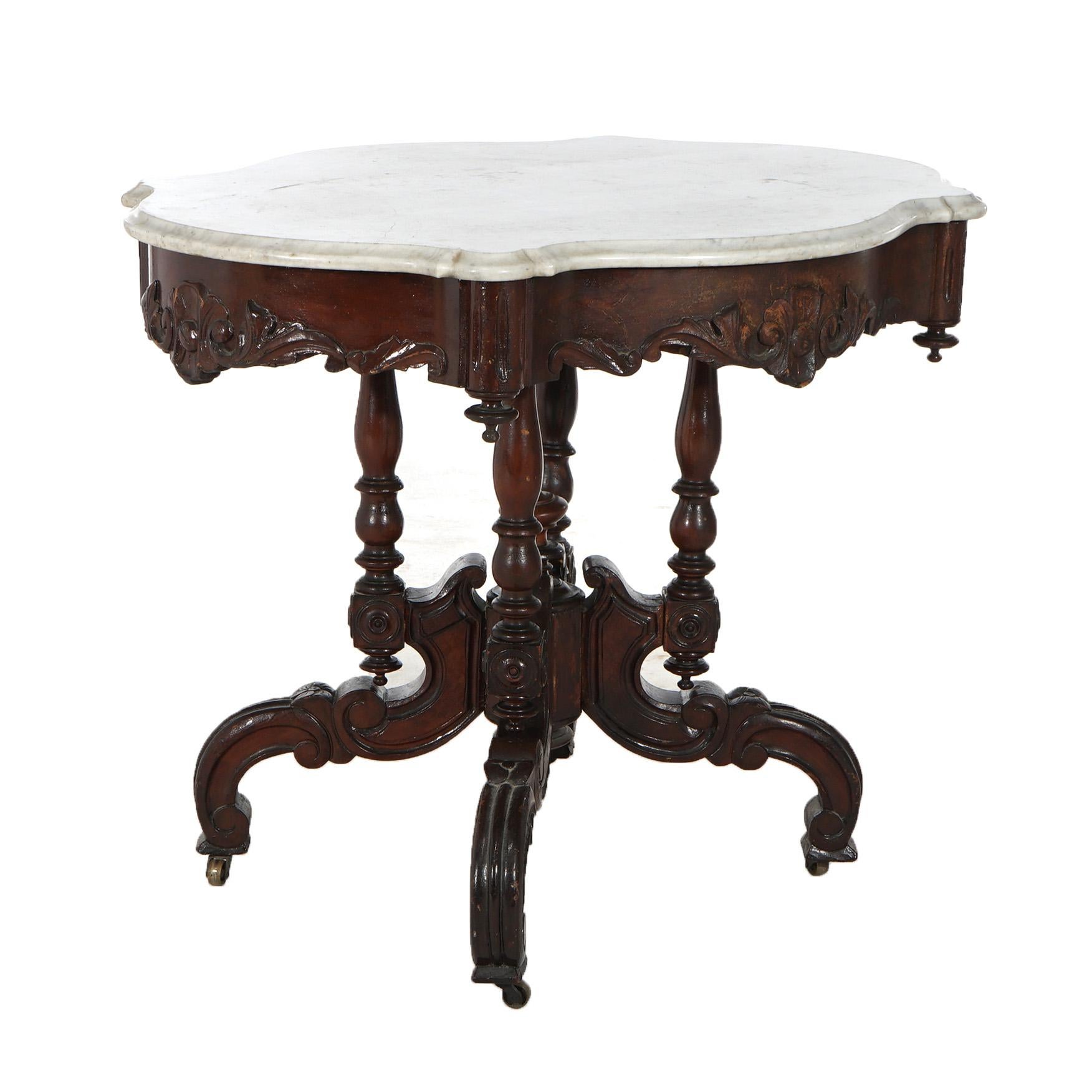Antique Renaissance Revival Carved Walnut & Marble Turtle Top Table C1890 For Sale 6