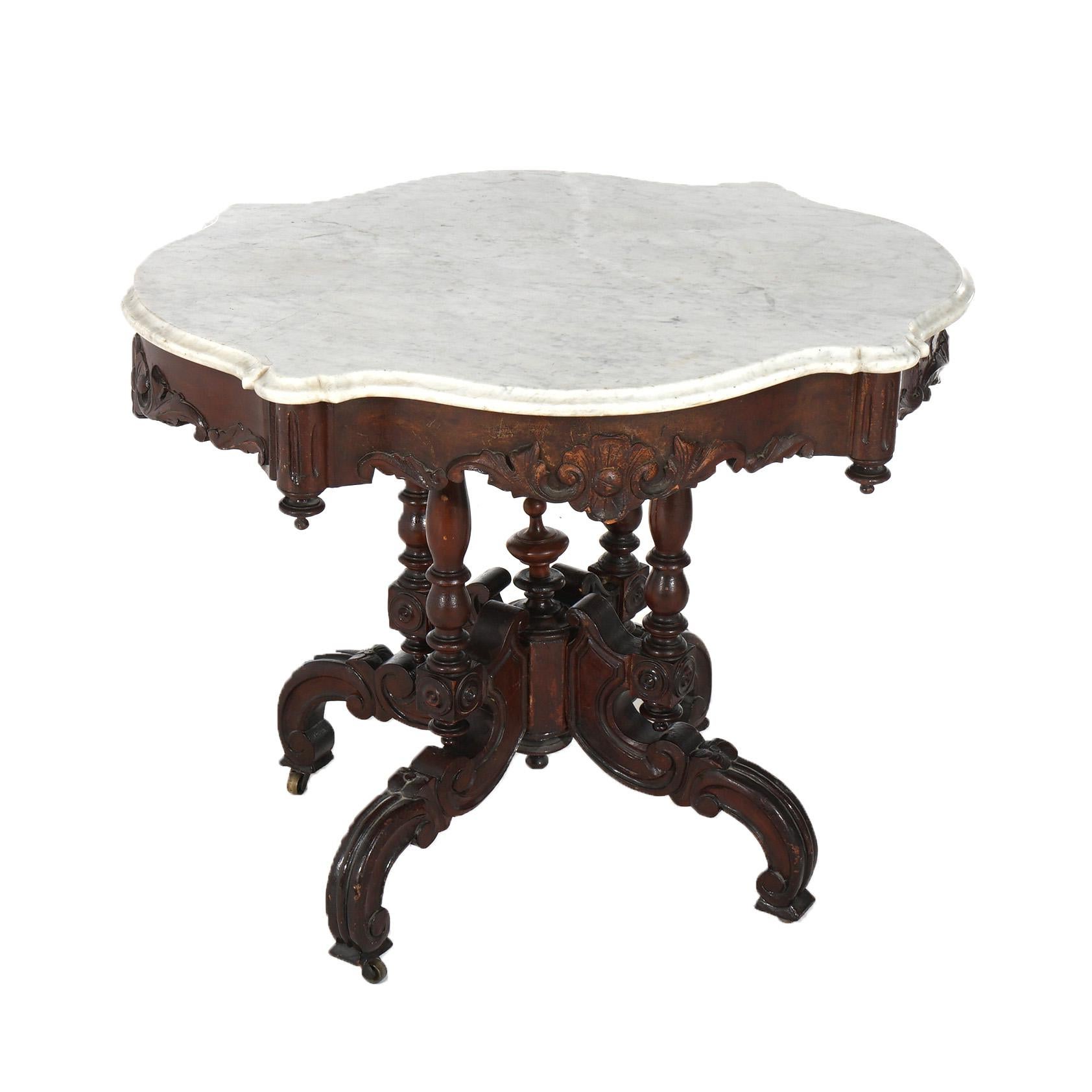 Antique Renaissance Revival Carved Walnut & Marble Turtle Top Table C1890 For Sale 7