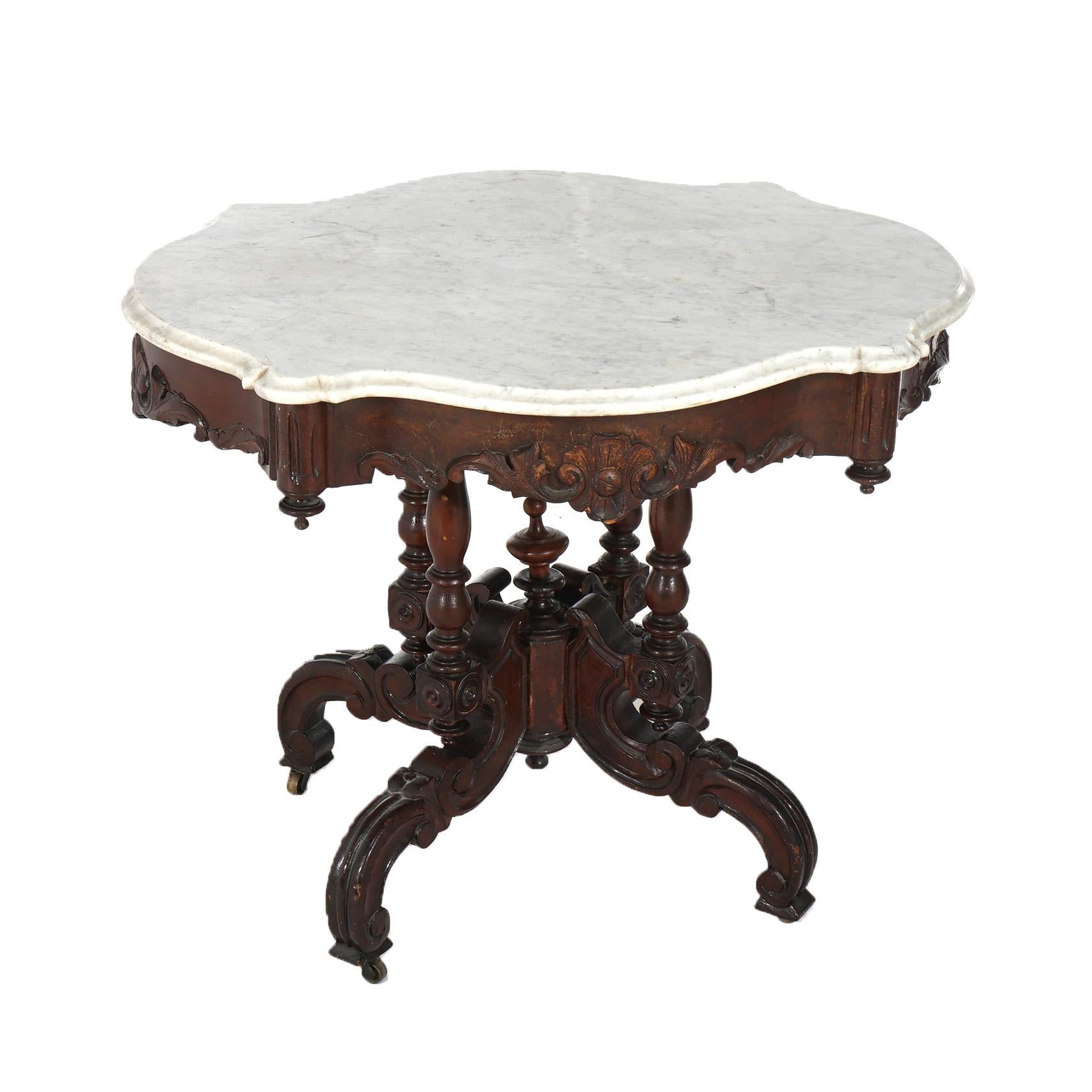 Antique Renaissance Revival Carved Walnut & Marble Turtle Top Table C1890 7
