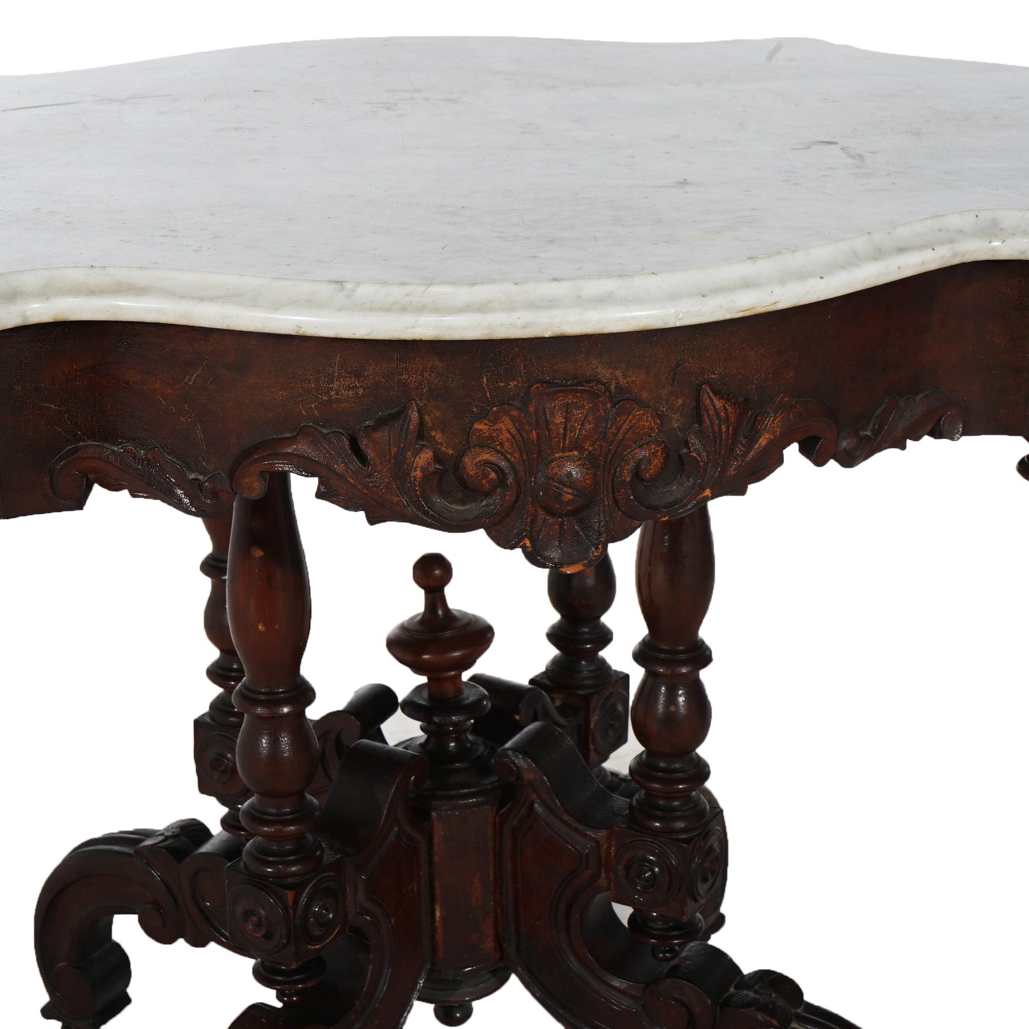 Antique Renaissance Revival Carved Walnut & Marble Turtle Top Table C1890 For Sale 8
