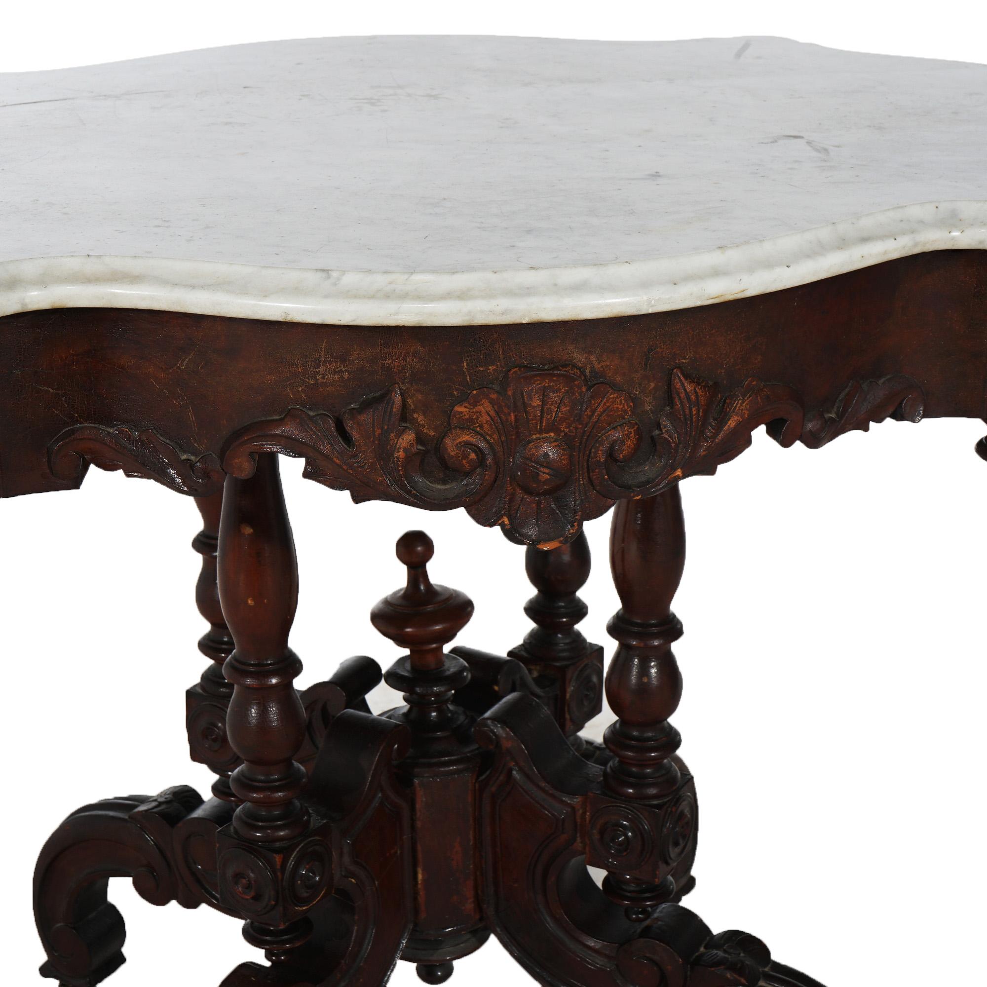Antique Renaissance Revival Carved Walnut & Marble Turtle Top Table C1890 8