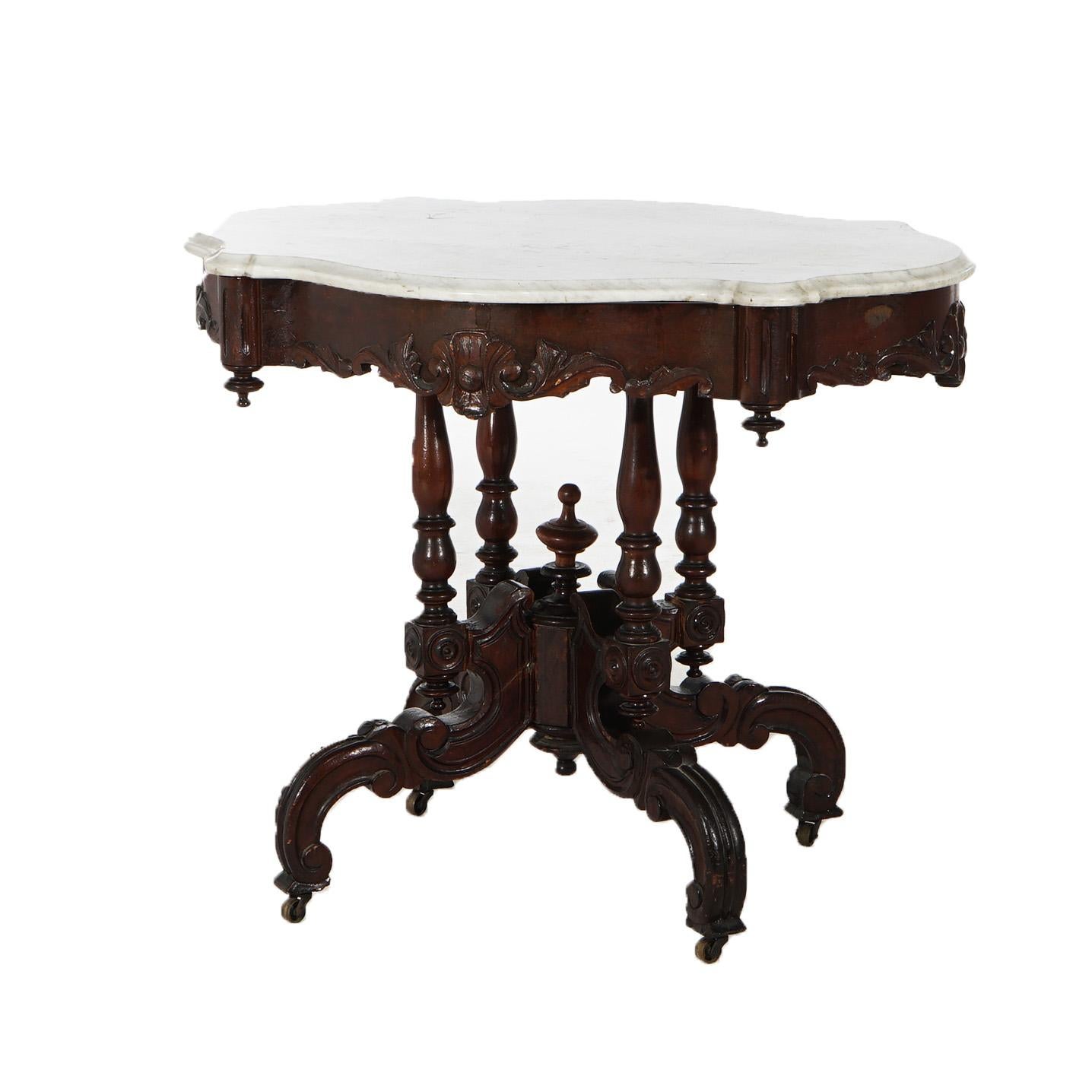 Beveled Antique Renaissance Revival Carved Walnut & Marble Turtle Top Table C1890