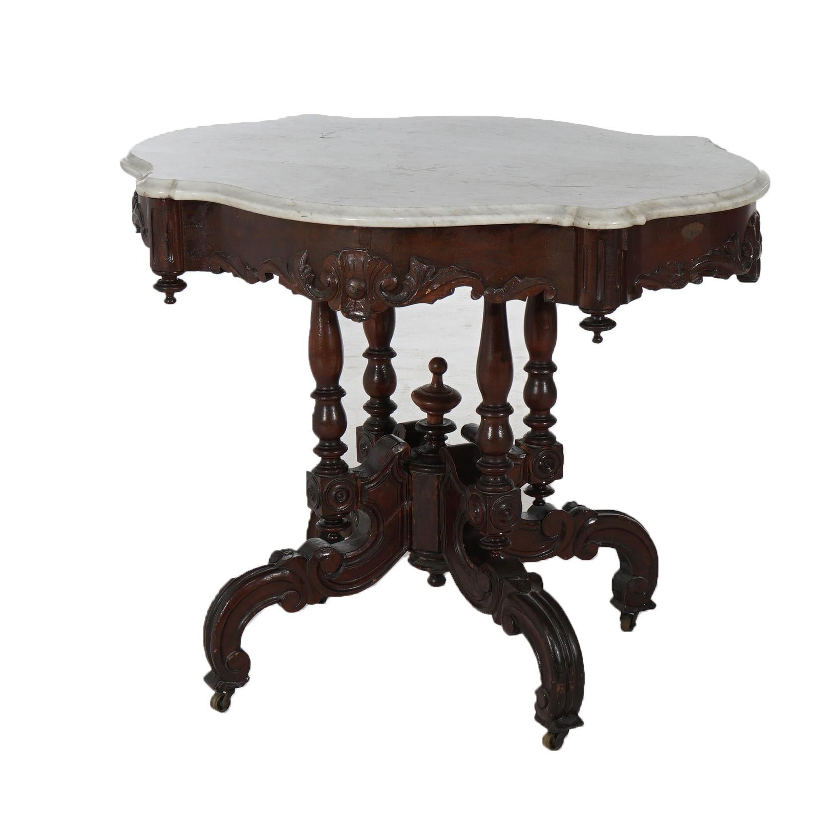 Antique Renaissance Revival Carved Walnut & Marble Turtle Top Table C1890 In Good Condition For Sale In Big Flats, NY