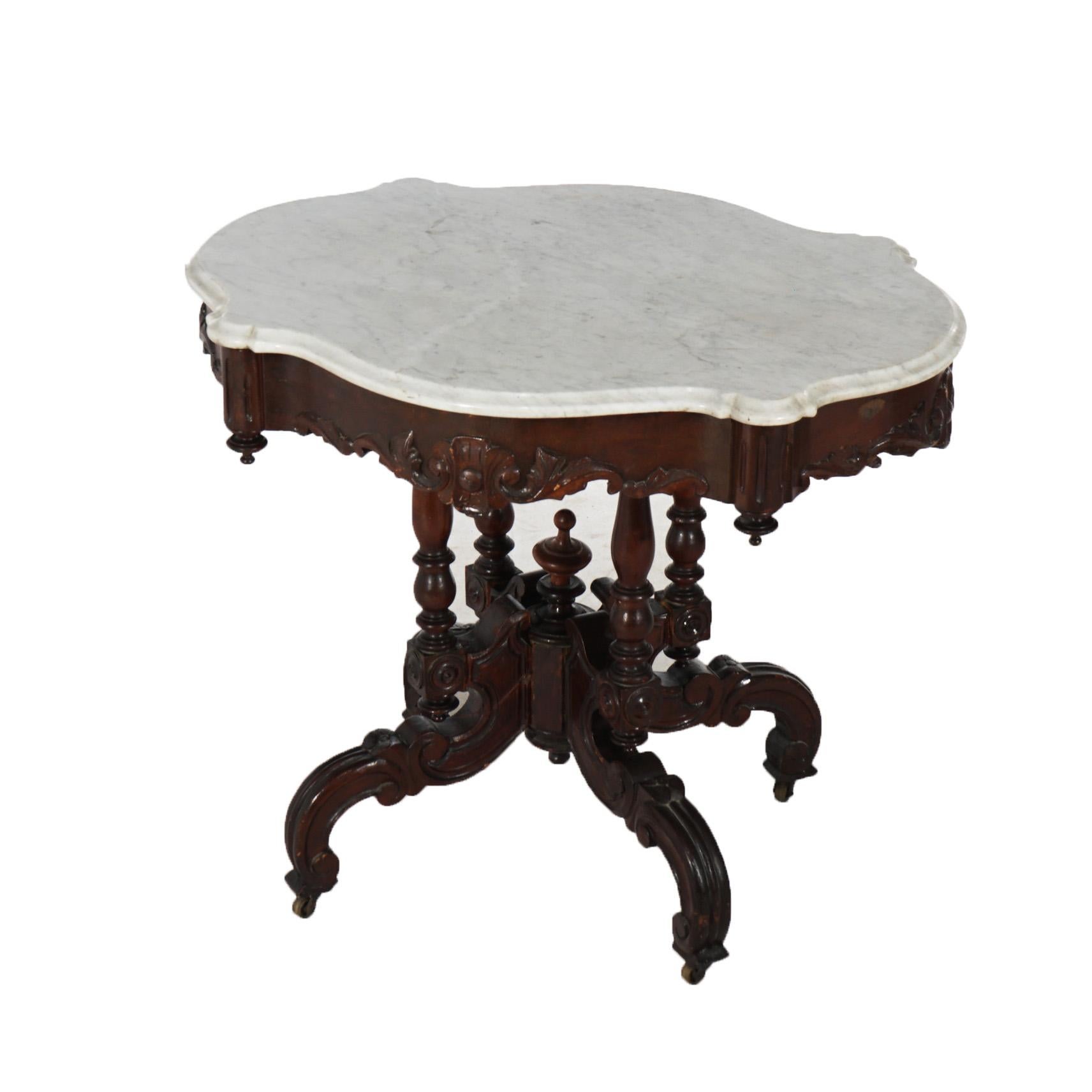19th Century Antique Renaissance Revival Carved Walnut & Marble Turtle Top Table C1890