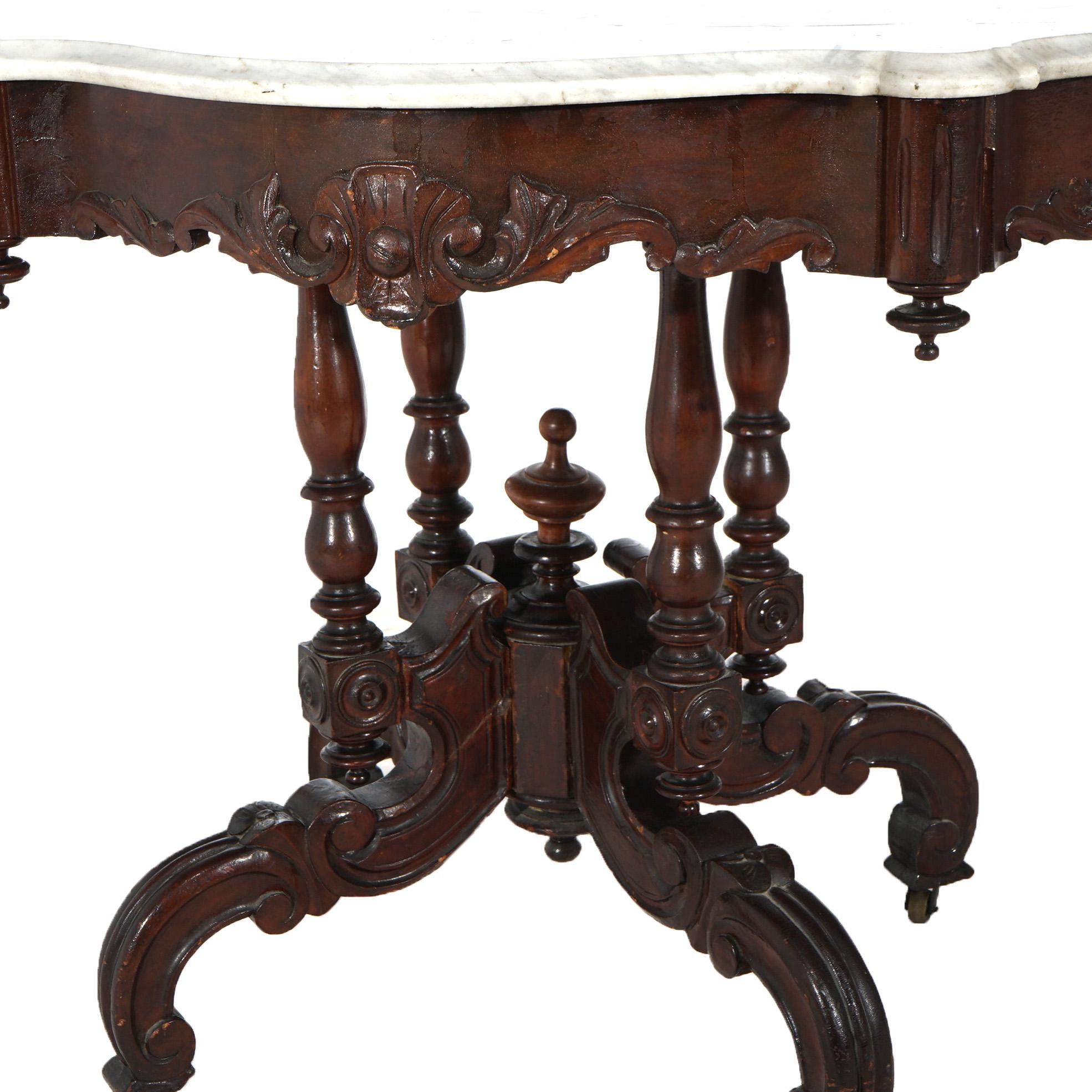 Antique Renaissance Revival Carved Walnut & Marble Turtle Top Table C1890 For Sale 1