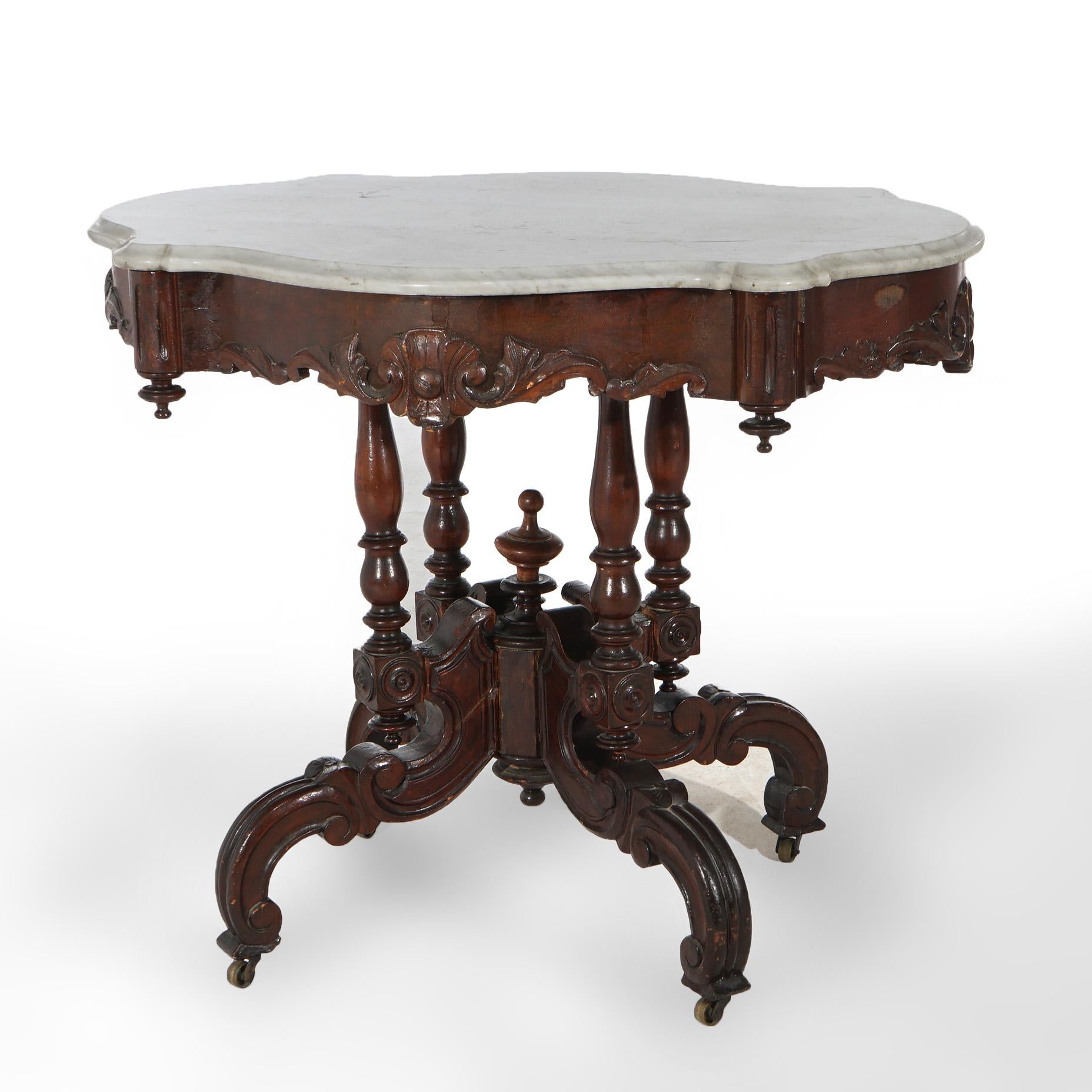 Antique Renaissance Revival Carved Walnut & Marble Turtle Top Table C1890 For Sale 2