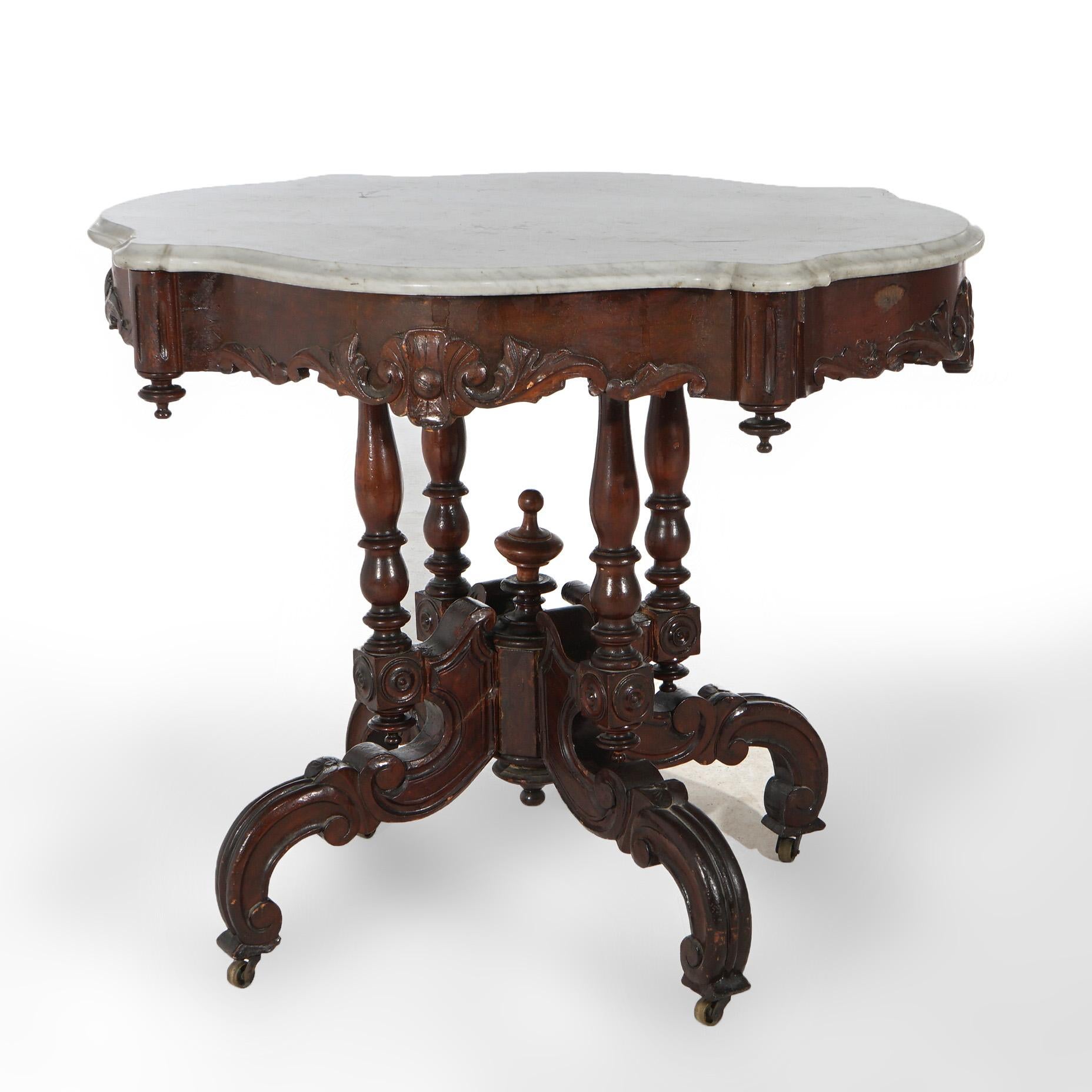 Antique Renaissance Revival Carved Walnut & Marble Turtle Top Table C1890 2
