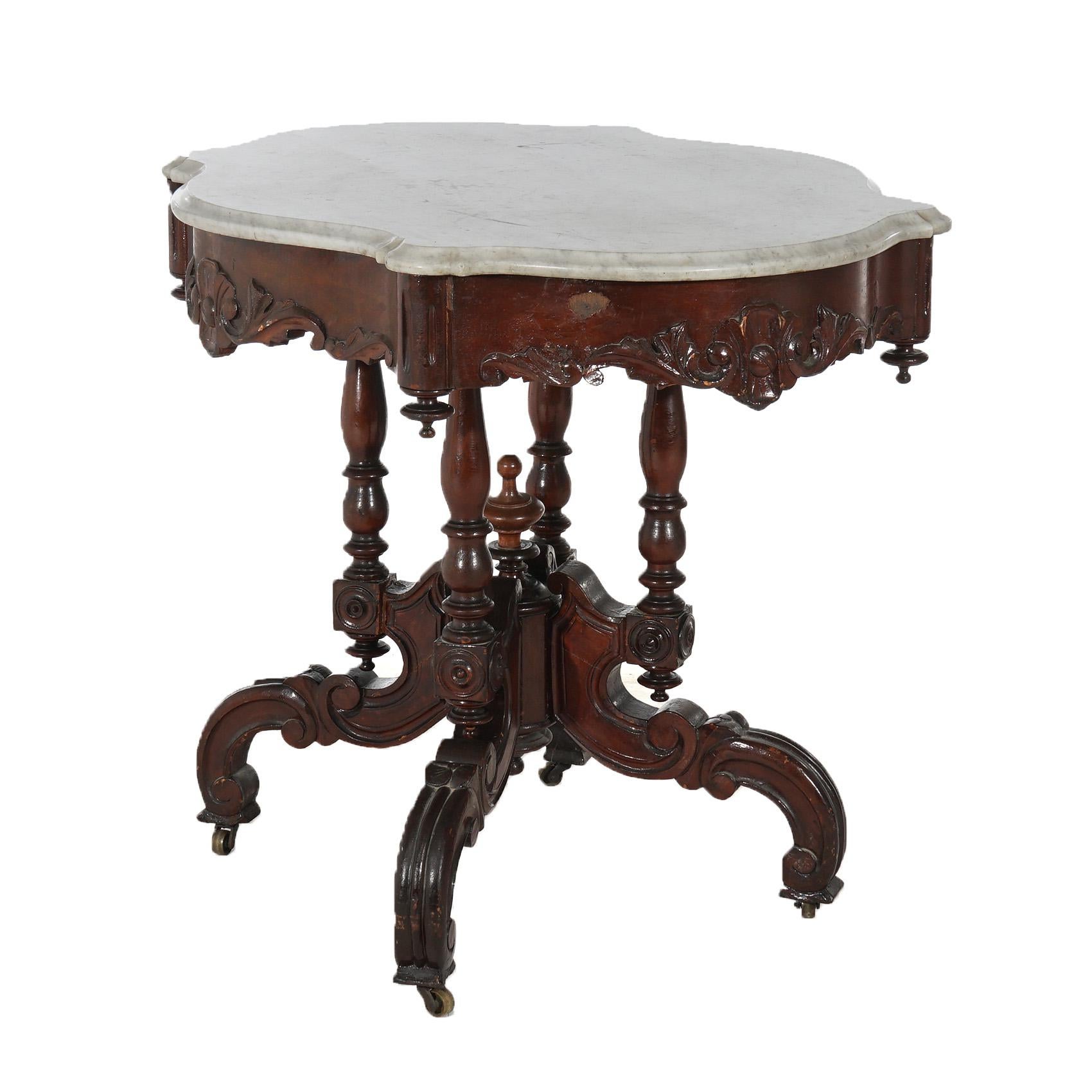Antique Renaissance Revival Carved Walnut & Marble Turtle Top Table C1890 For Sale 3