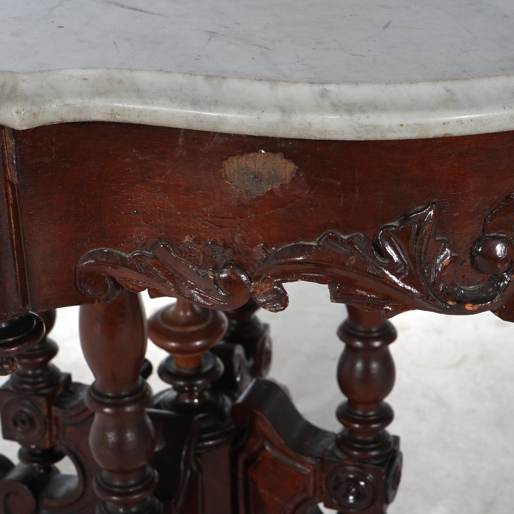 Antique Renaissance Revival Carved Walnut & Marble Turtle Top Table C1890 4