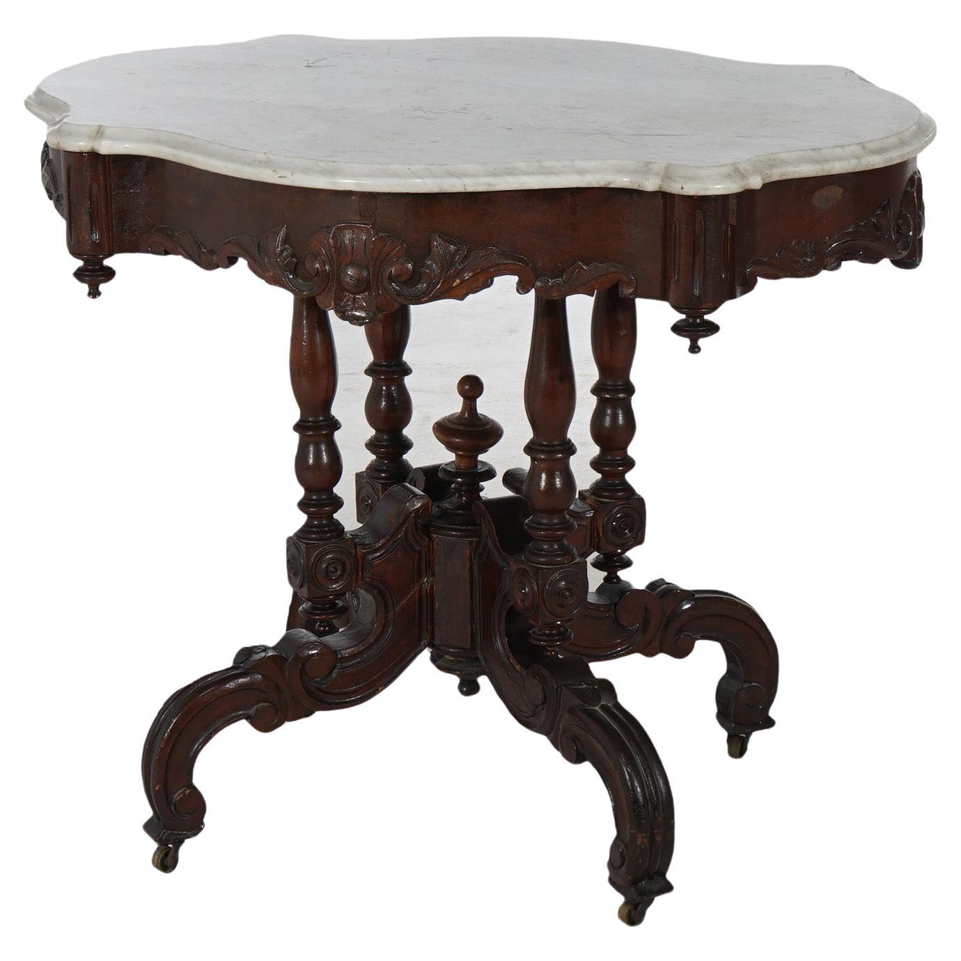 Antique Renaissance Revival Carved Walnut & Marble Turtle Top Table C1890 For Sale