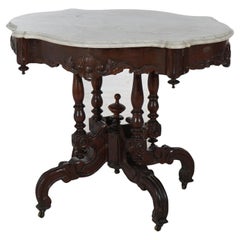 Antique Revive Table à plateau tortue en noyer sculpté et marbre C1890
