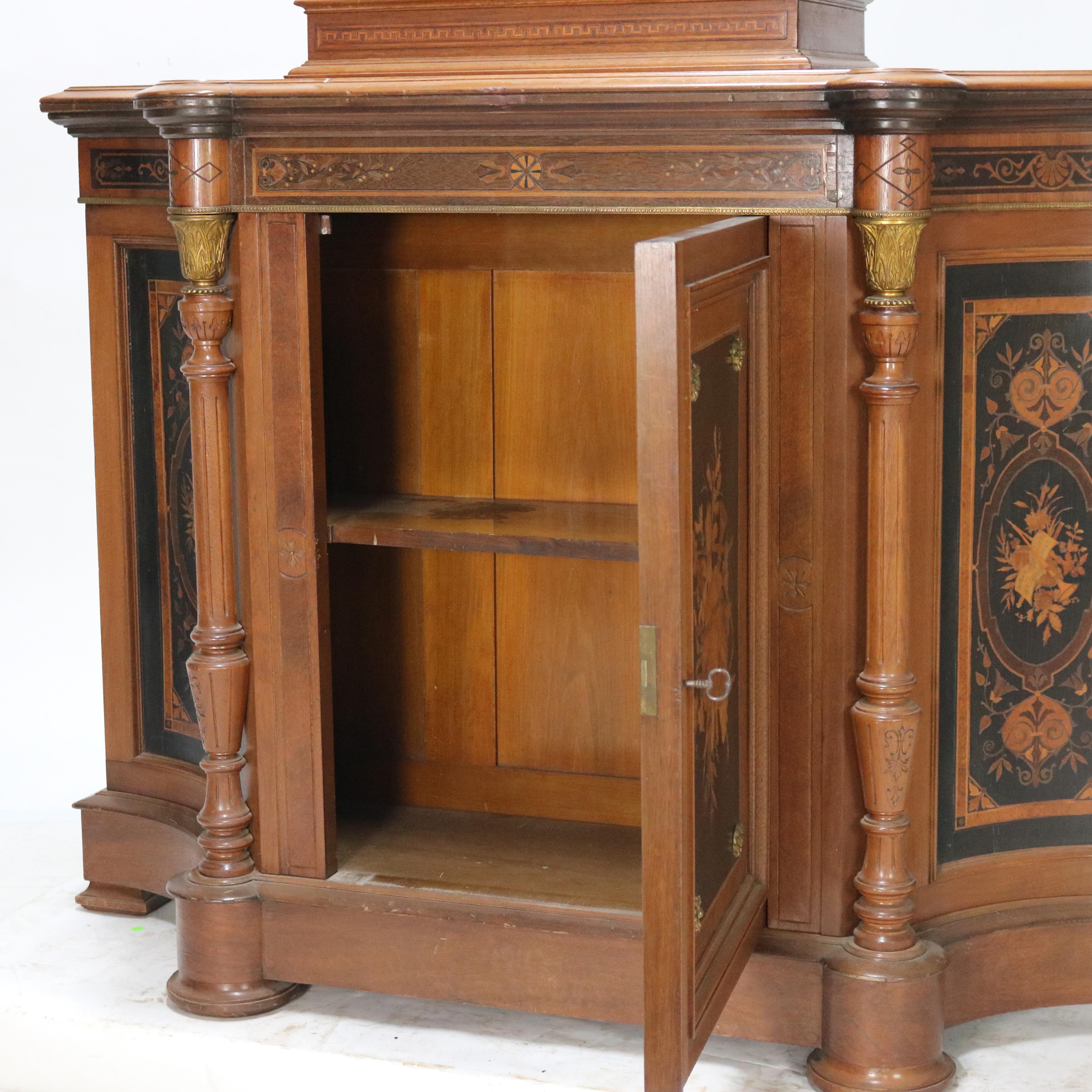 Antique Revival Crédence en noyer sculpté et bronze doré avec marqueterie c1880 en vente 13