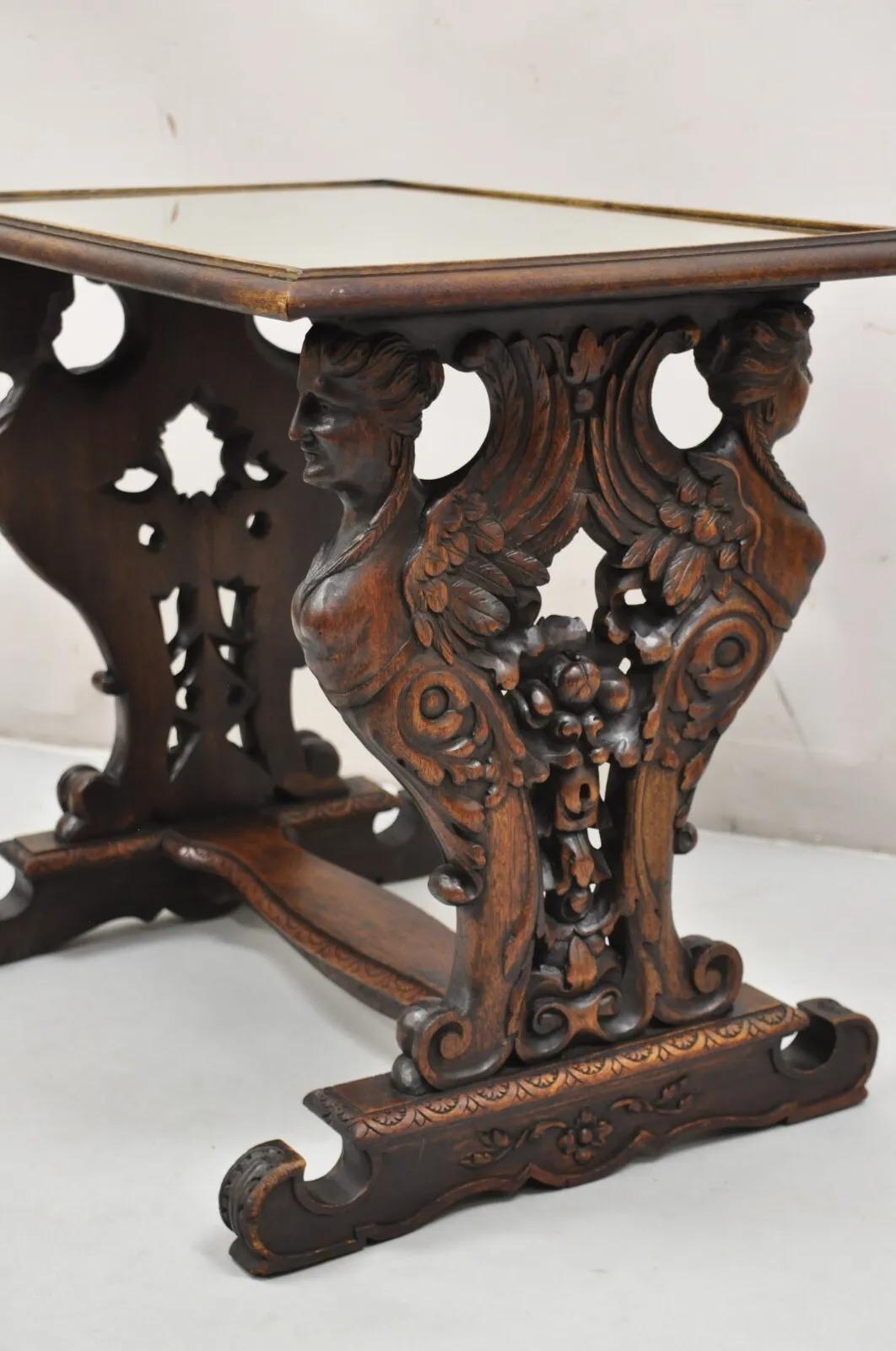 Antique Renaissance Revival Carved Winged Maiden Walnut Mirror Top Side Table For Sale 7