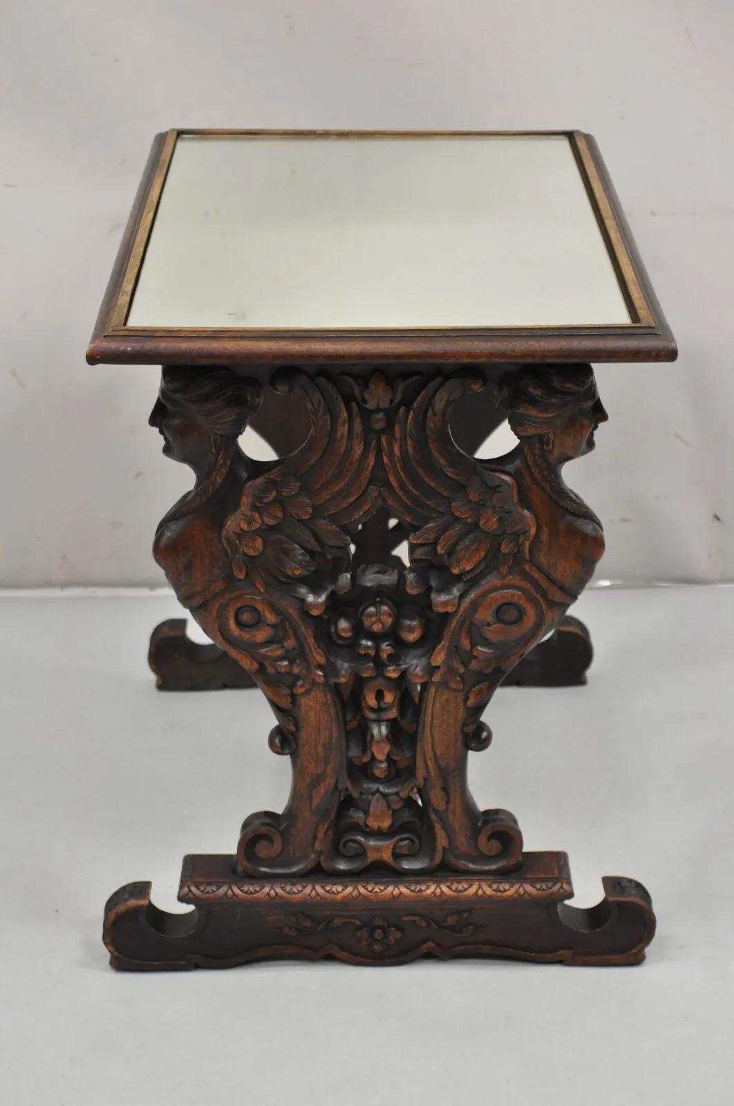 Antique Renaissance Revival Carved Winged Maiden Walnut Mirror Top Side Table In Good Condition For Sale In Philadelphia, PA