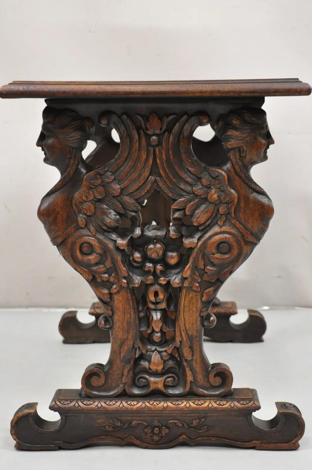 Antique Renaissance Revival Carved Winged Maiden Walnut Mirror Top Side Table For Sale 2
