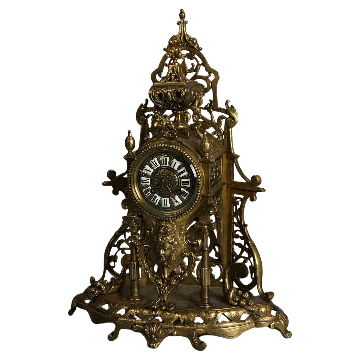 Antique Renaissance Revival Cast Bronze Figural Clock with Female Mask C1870