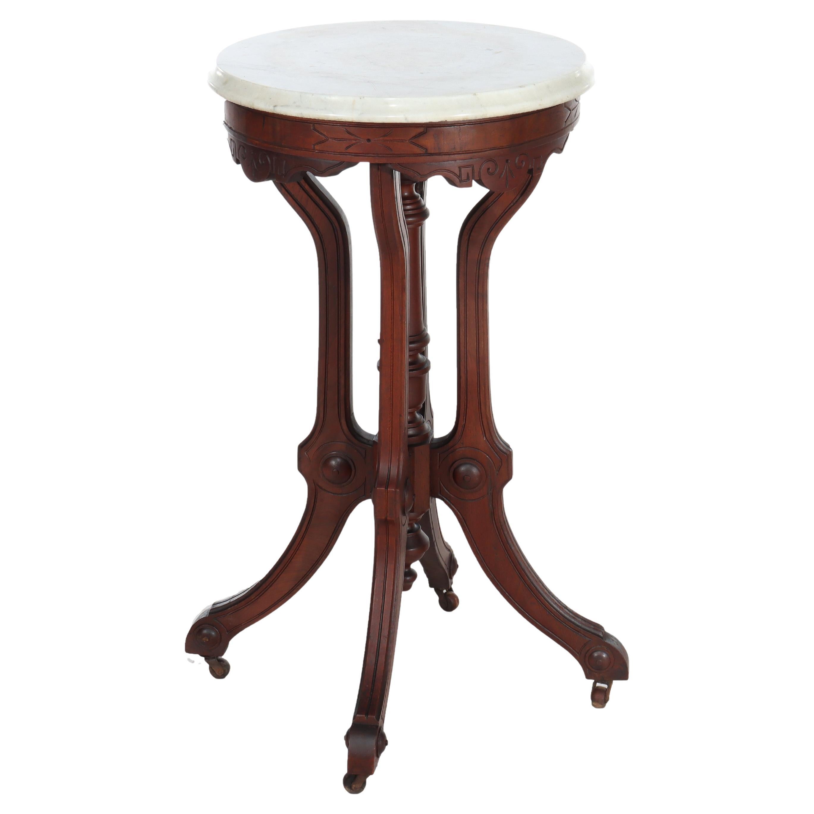 Antique Renaissance Revival Chip Carved Walnut Marble Top Stand c1890