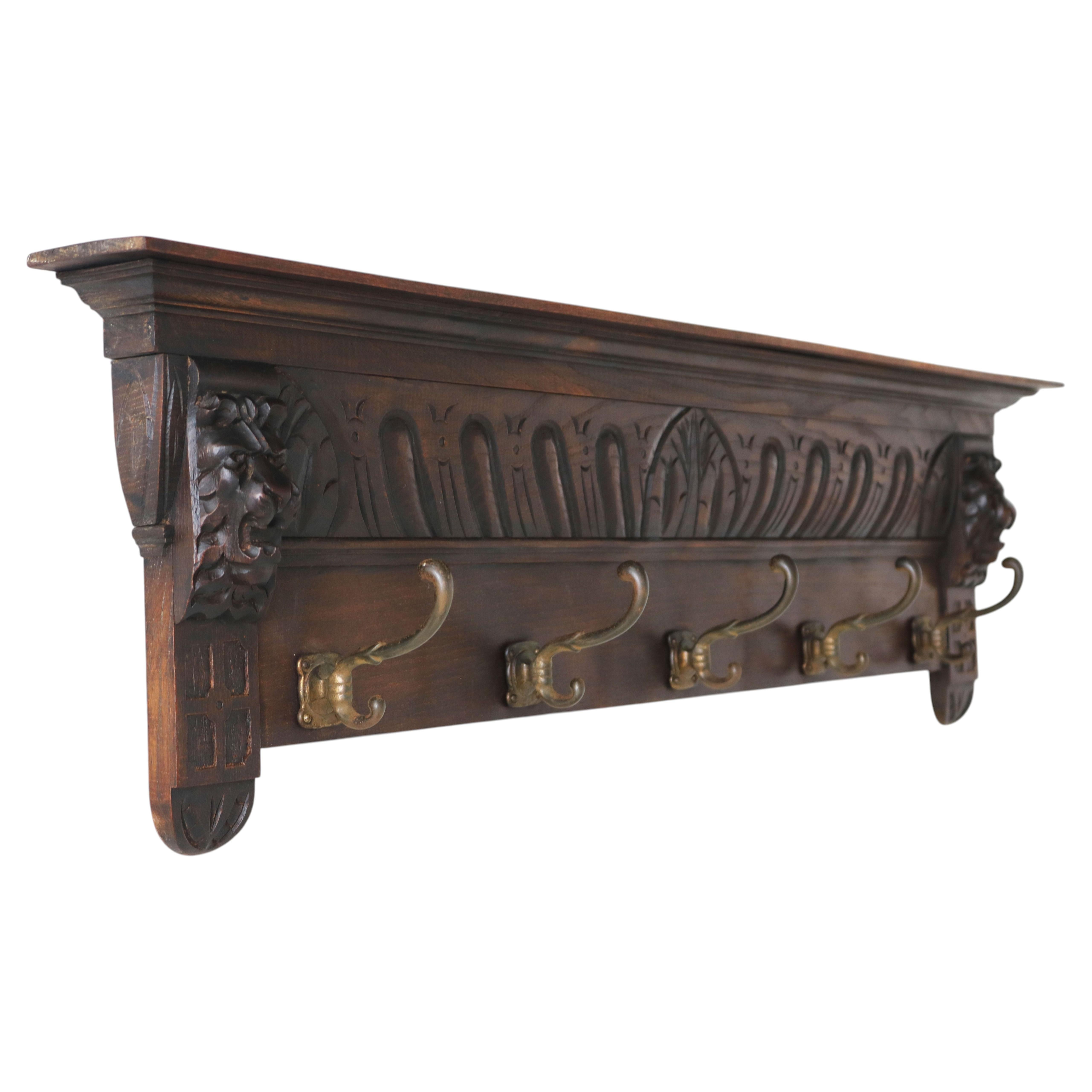 Antique Renaissance revival Coat rack / hat rack 1880 Lion masks carved oak