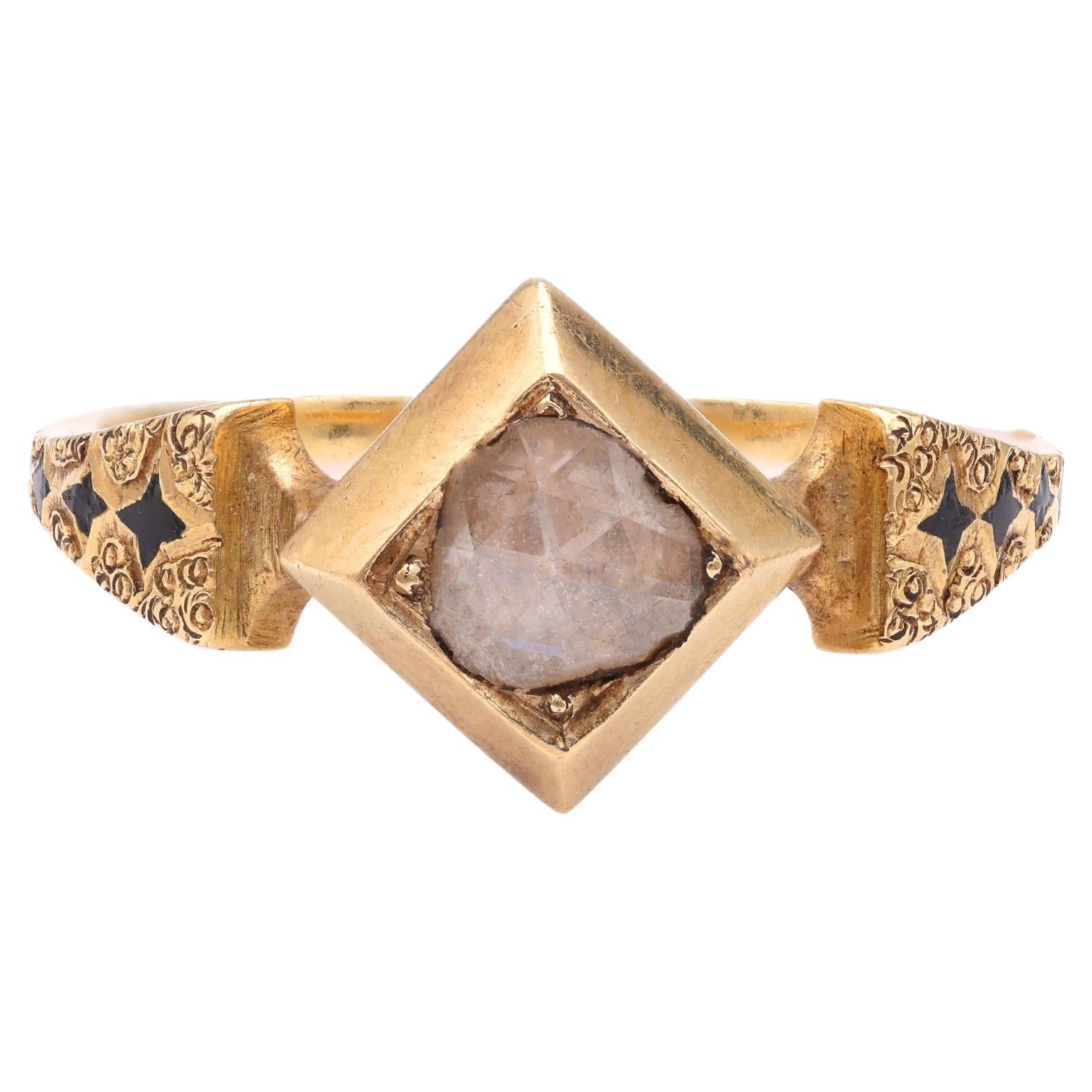 Antique Renaissance Revival Diamond Enamel Yellow Gold Ring