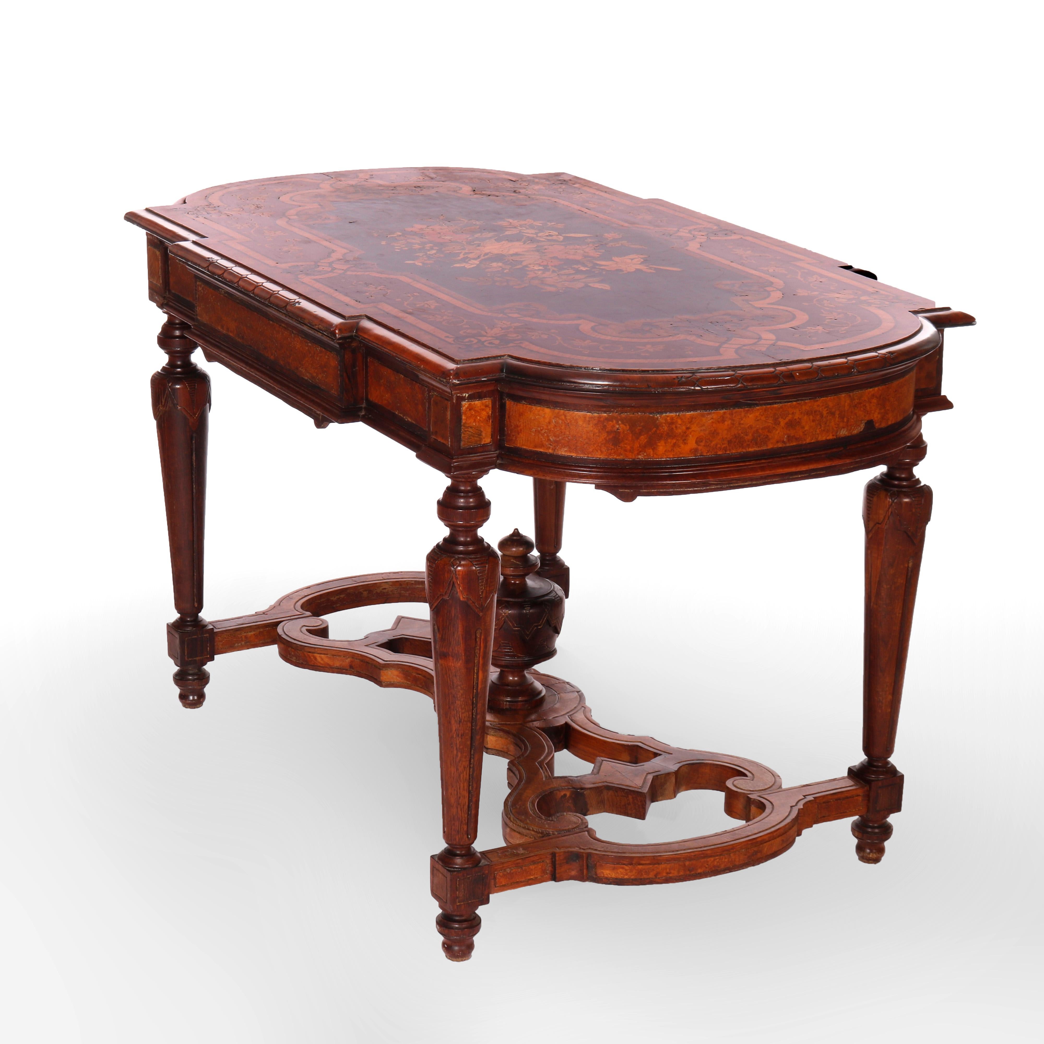 European Antique Renaissance Revival Ebonized & Marquetry Walnut Center Table c1880