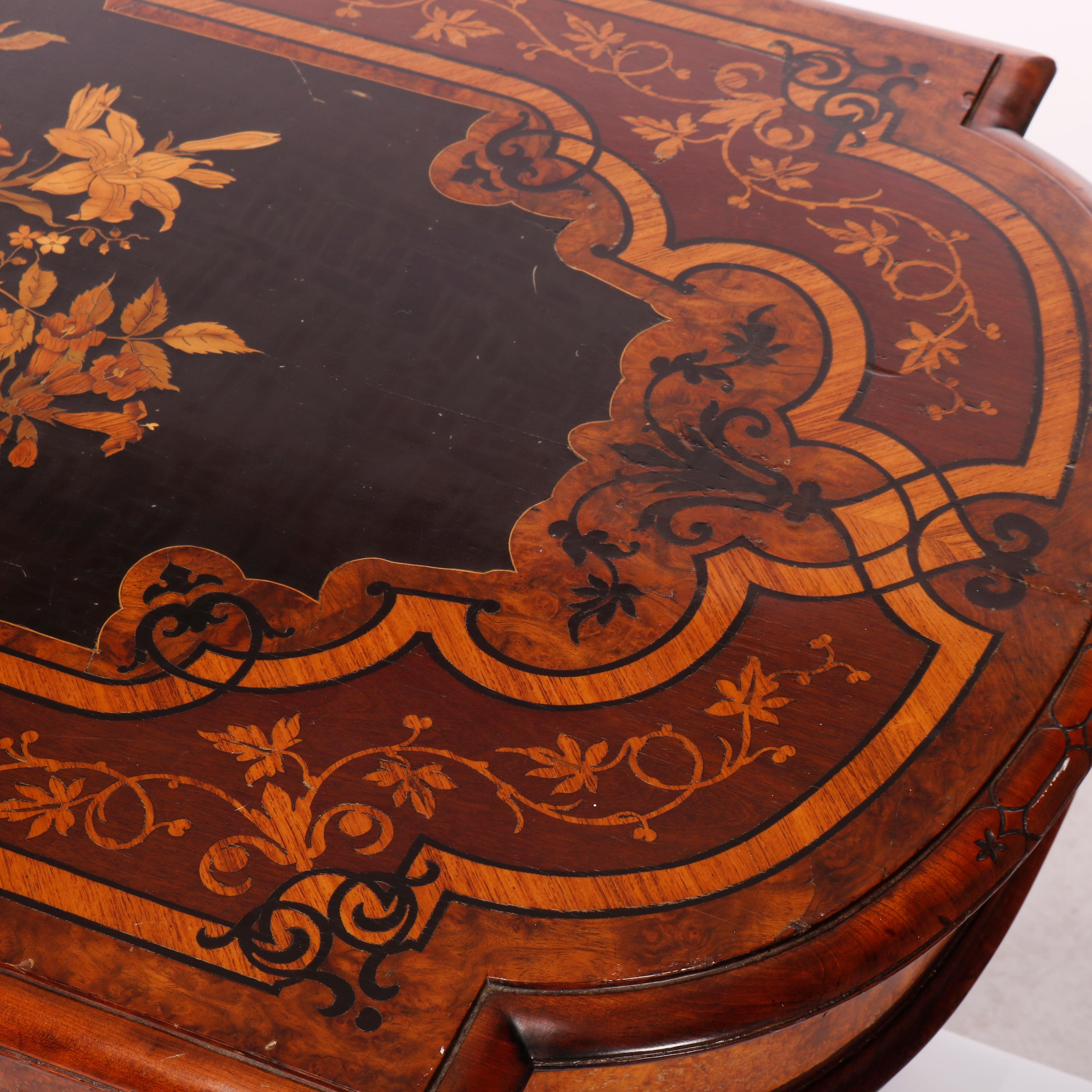 19th Century Antique Renaissance Revival Ebonized & Marquetry Walnut Center Table c1880