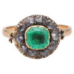 Antique Renaissance Revival Emerald Diamond Yellow Gold Cluster Ring