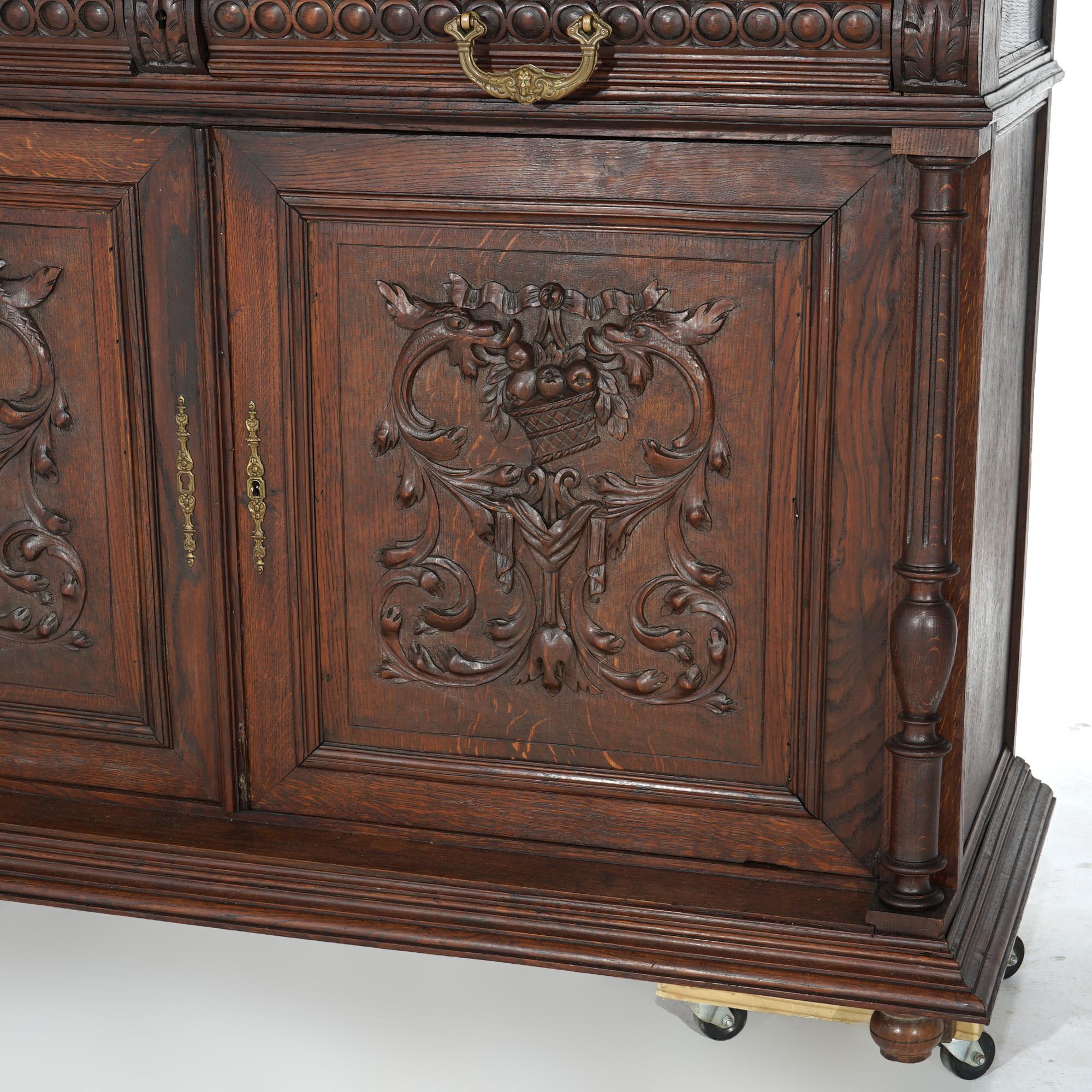 Antique Renaissance Revival Figural Carved Knight & Horse Oak Hunt Board c1890 For Sale 6