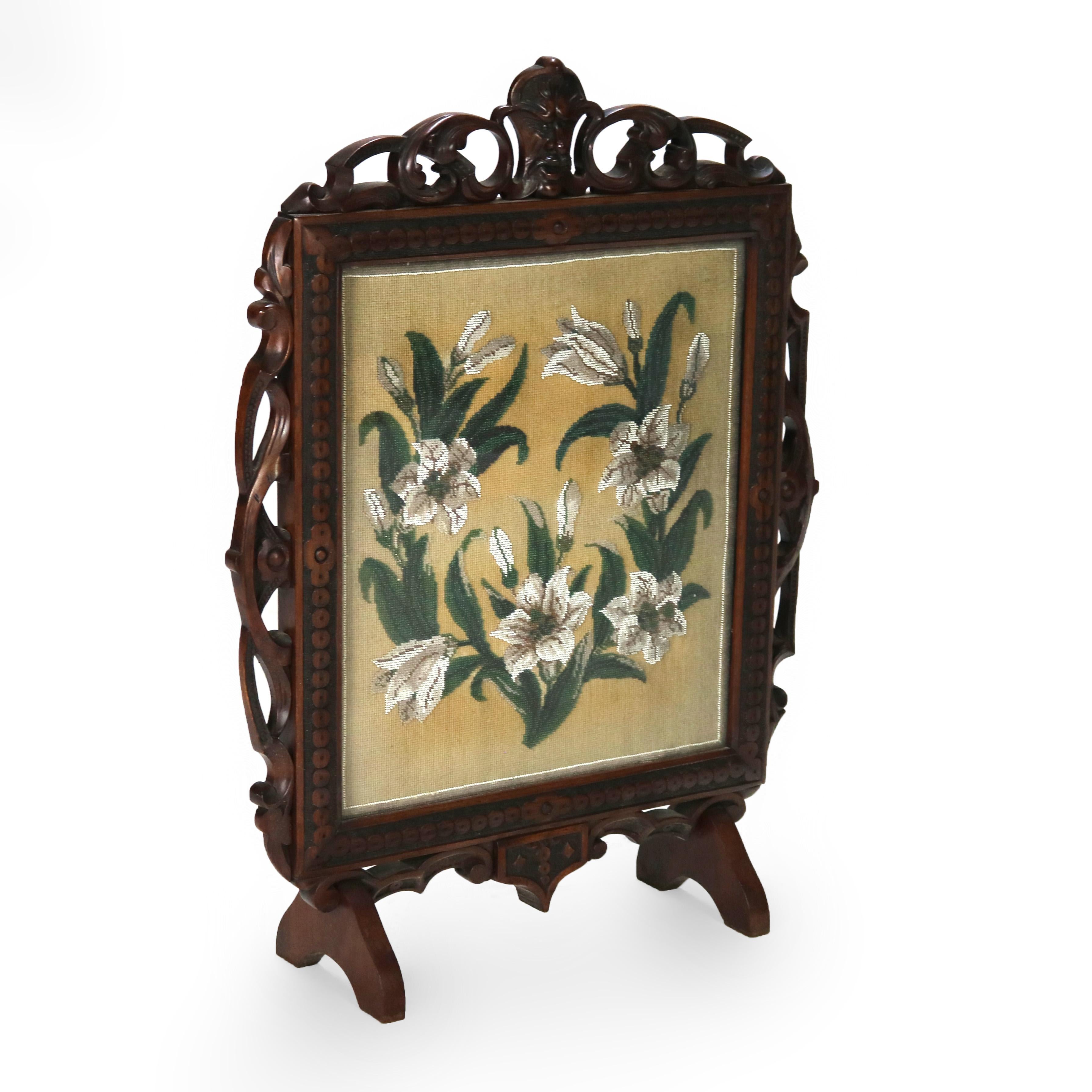 Antique Renaissance Revival Figural Carved & Needlepoint Fireplace Screen Unsigned C1900

Measures - 29.25