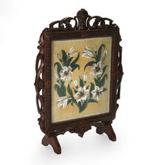 Antique Renaissance Revival Figural Carved & Needlepoint Fireplace Screen C1900