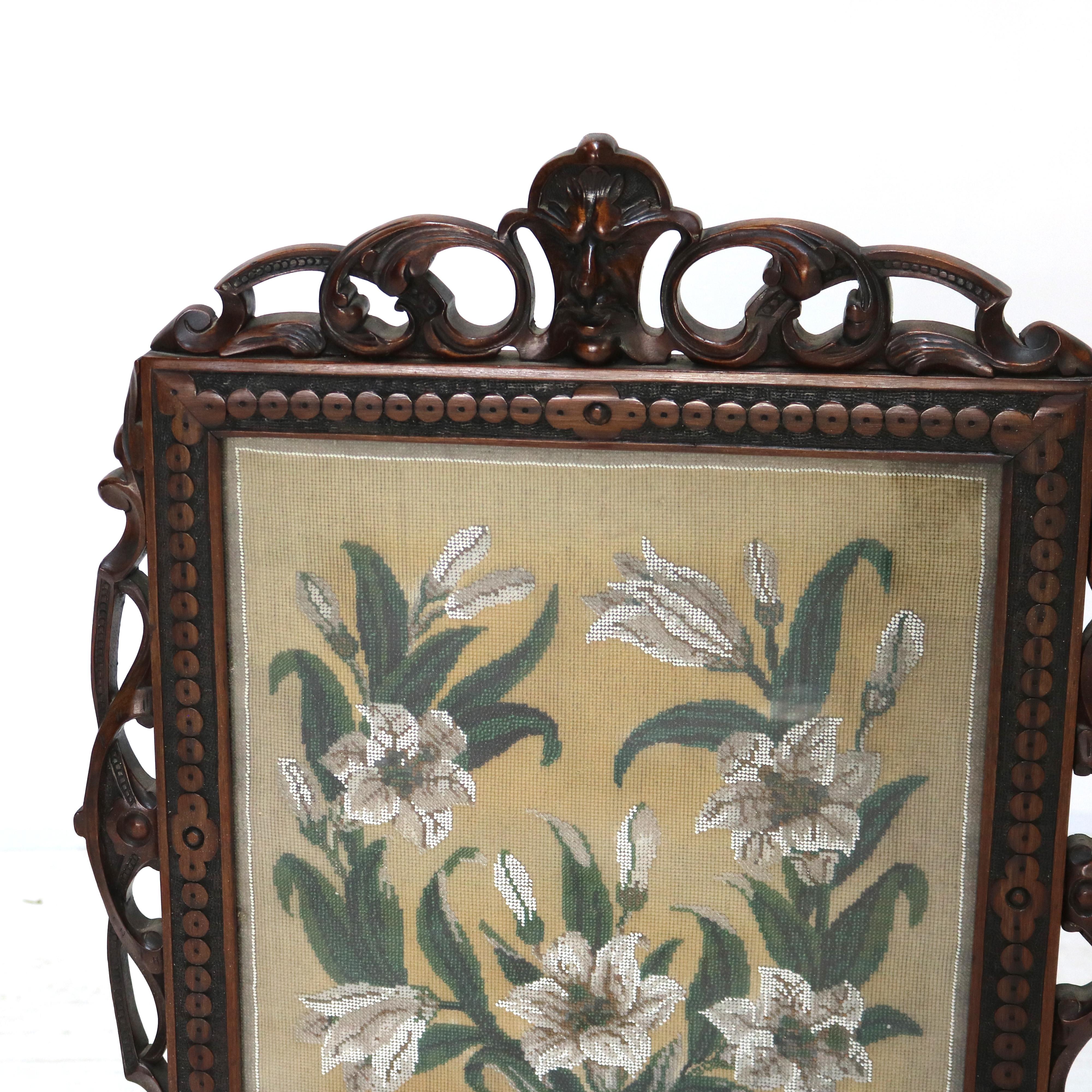 Antique Renaissance Revival Figural Carved & Needlepoint Fireplace Screen C1900 In Good Condition For Sale In Big Flats, NY