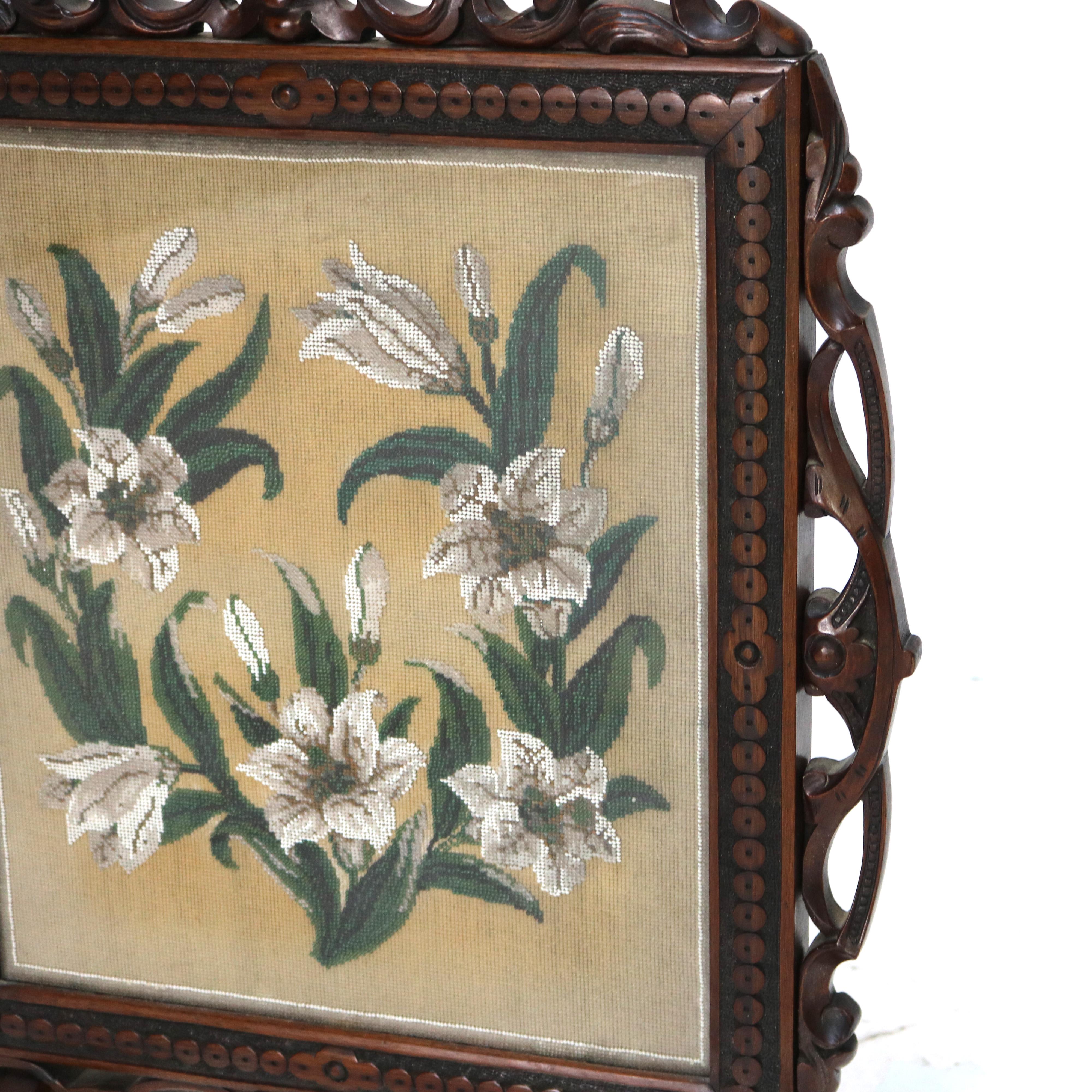 Mahogany Antique Renaissance Revival Figural Carved & Needlepoint Fireplace Screen C1900 For Sale
