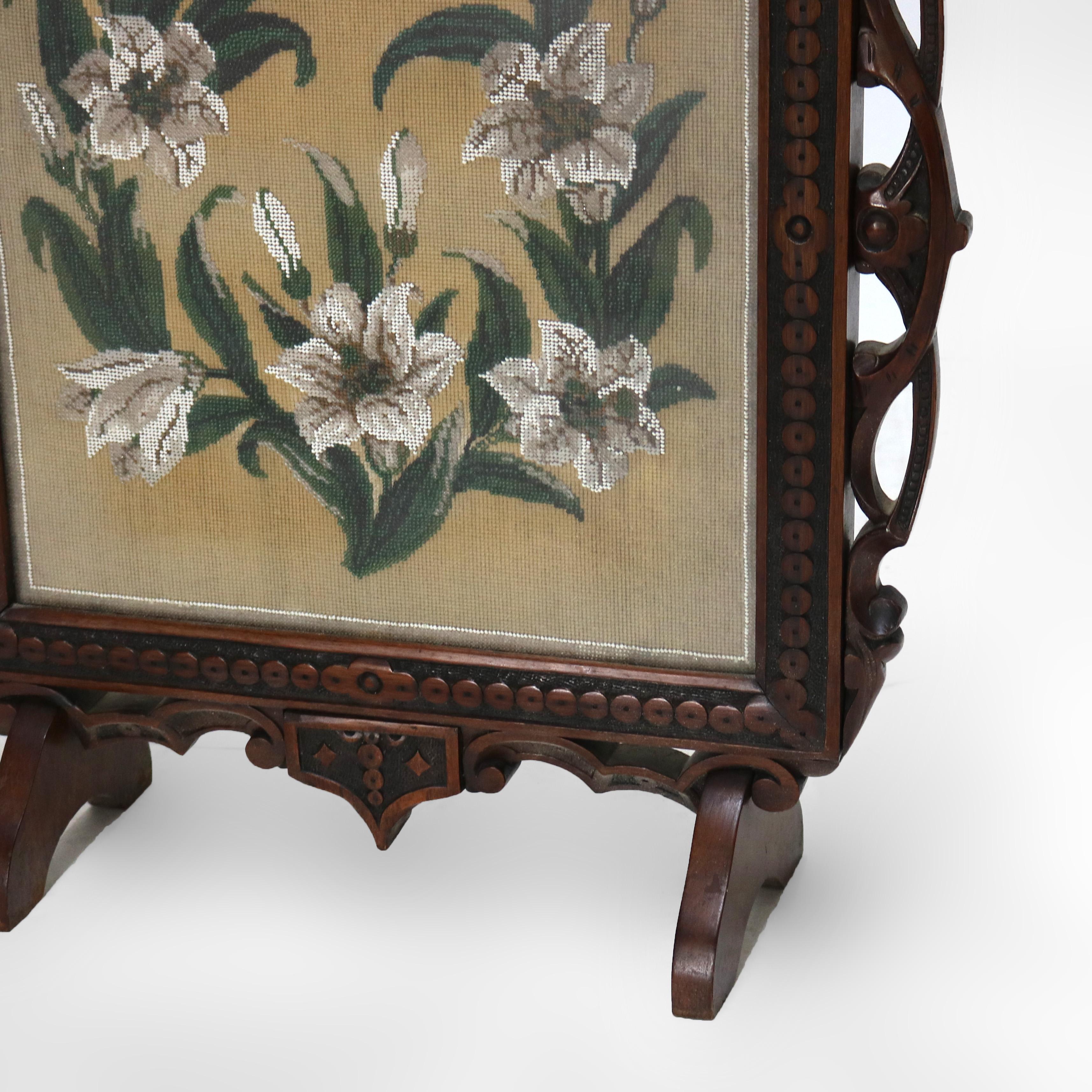 Antique Renaissance Revival Figural Carved & Needlepoint Fireplace Screen C1900 For Sale 1