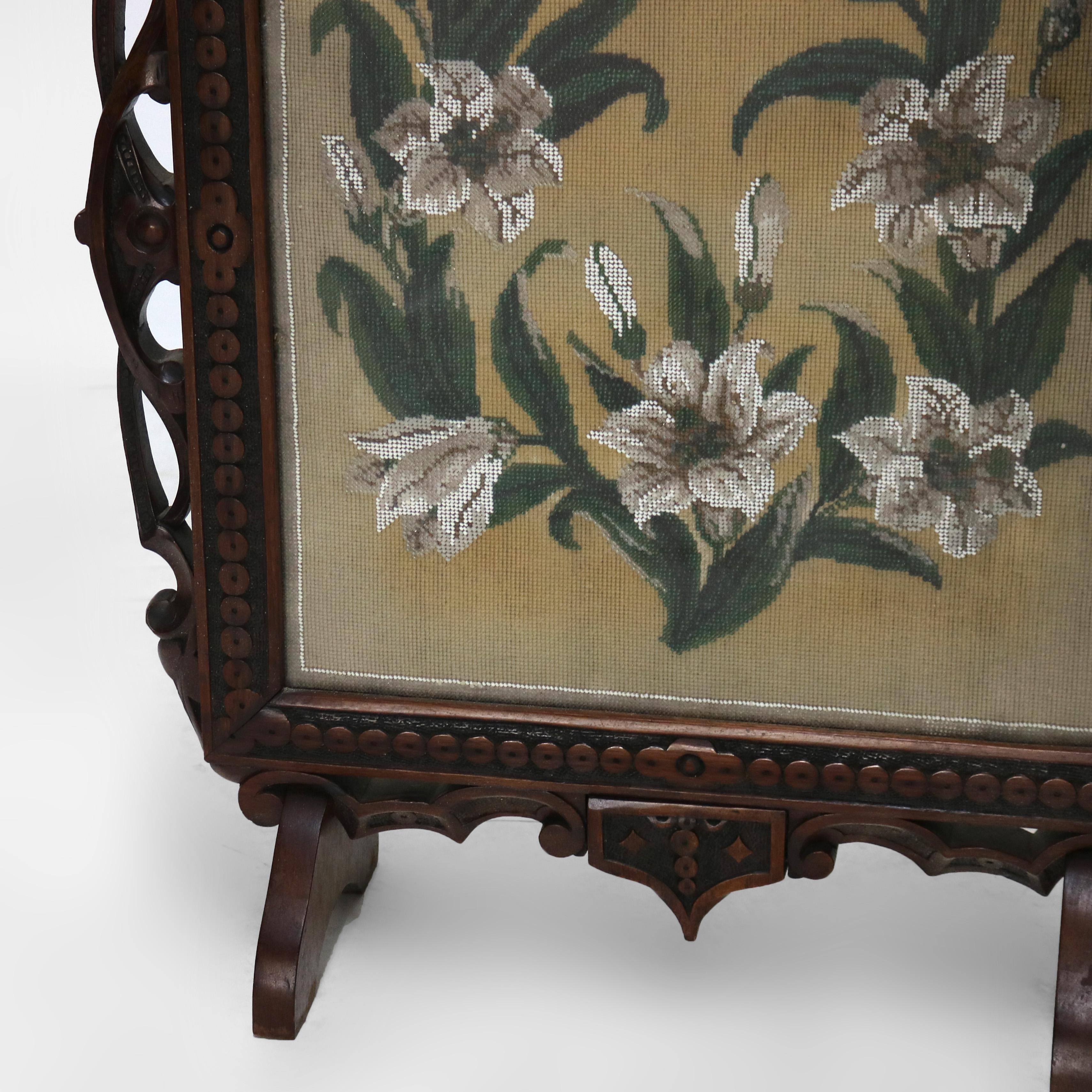 Antique Renaissance Revival Figural Carved & Needlepoint Fireplace Screen C1900 For Sale 2