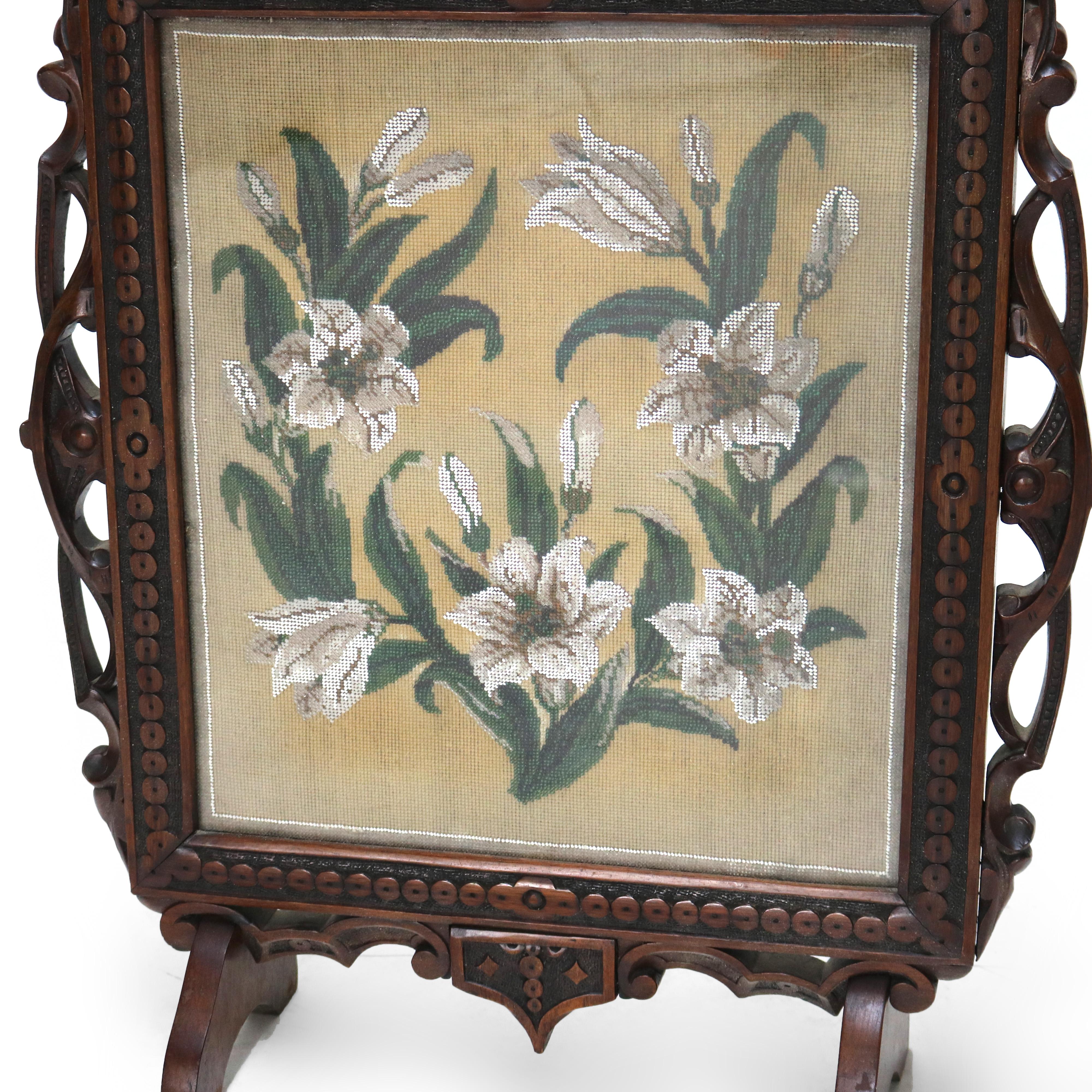 Antique Renaissance Revival Figural Carved & Needlepoint Fireplace Screen C1900 For Sale 3