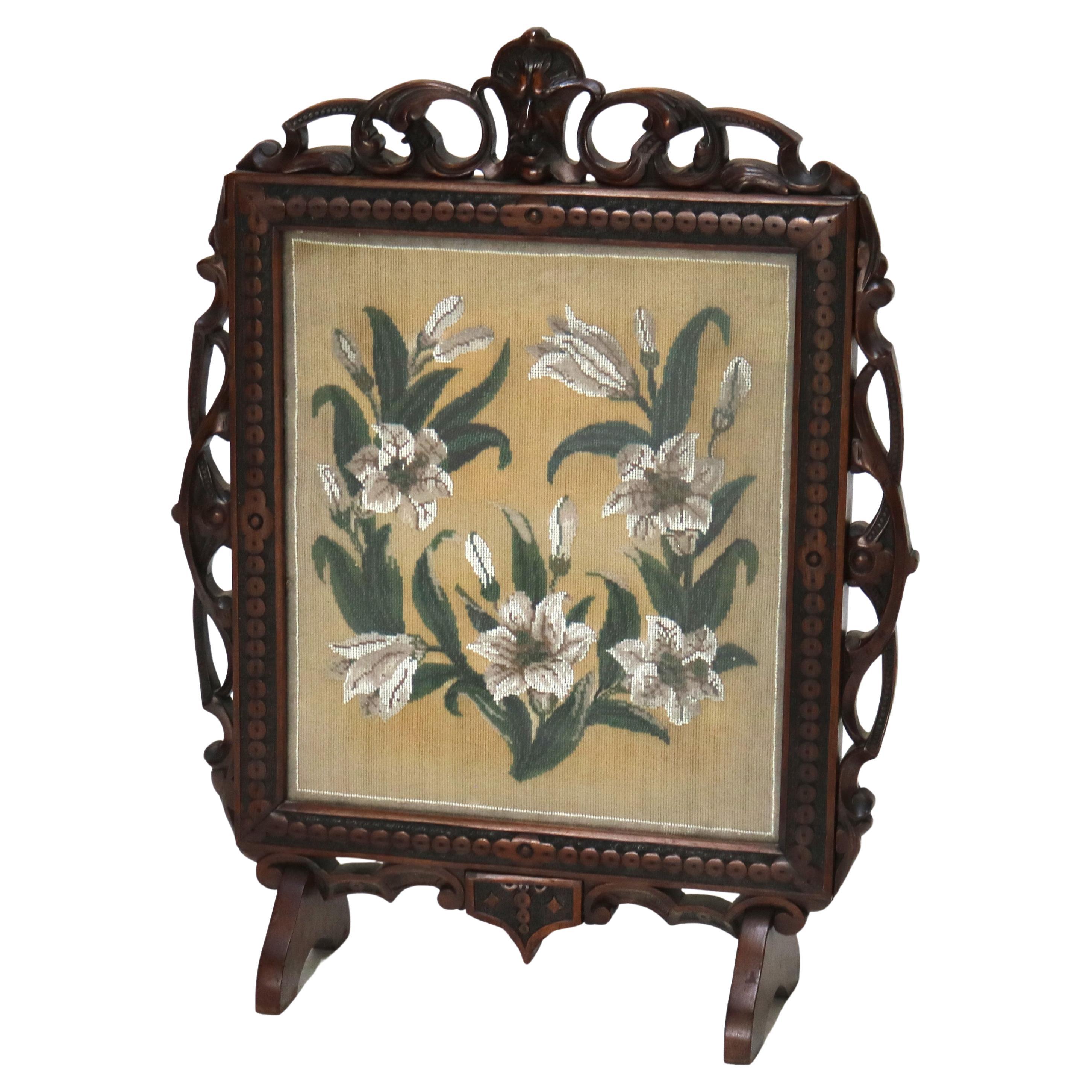 Antique Renaissance Revival Figural Carved & Needlepoint Fireplace Screen C1900 For Sale