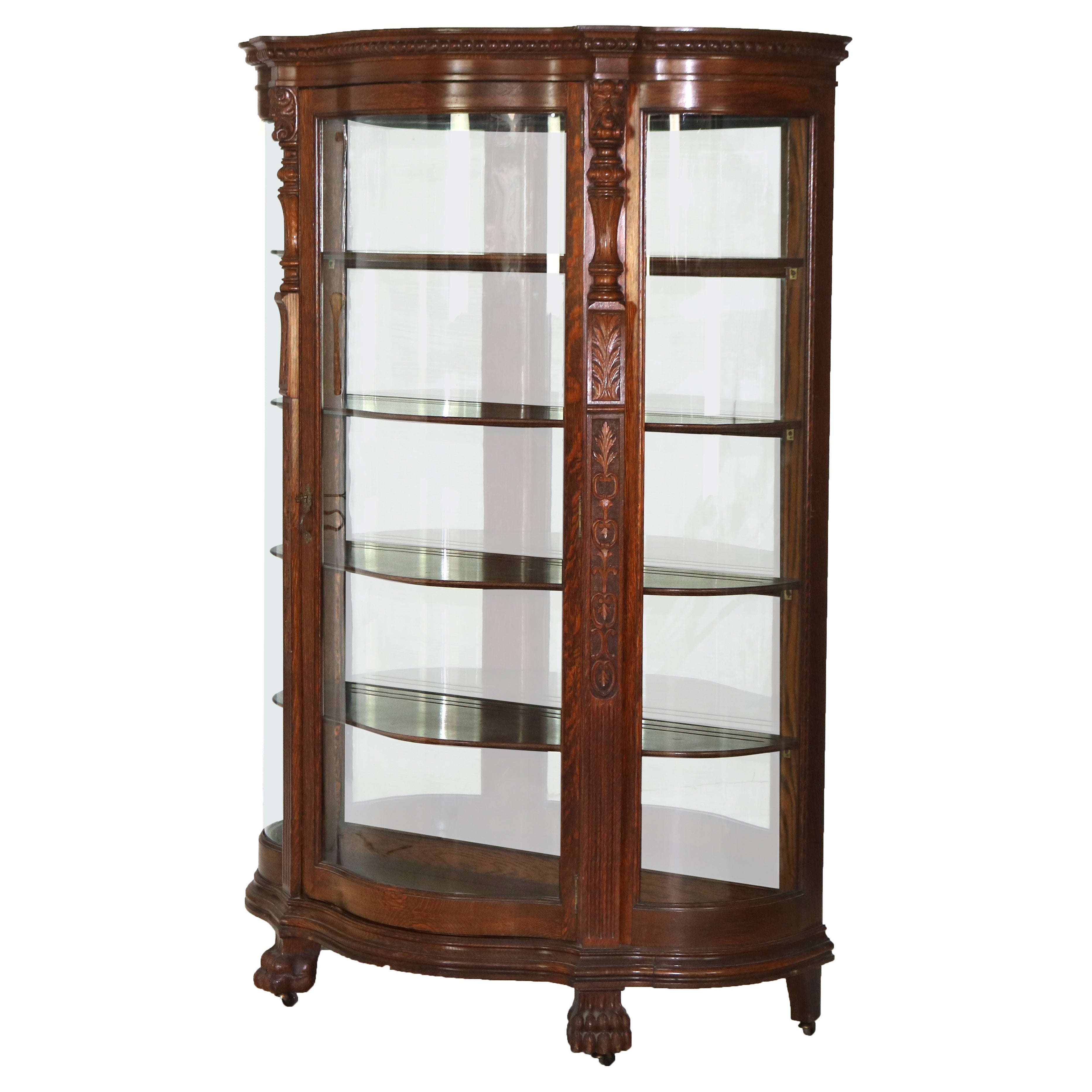 Antique Renaissance Revival Figural Carved Oak China Cabinet with Wind God C1900