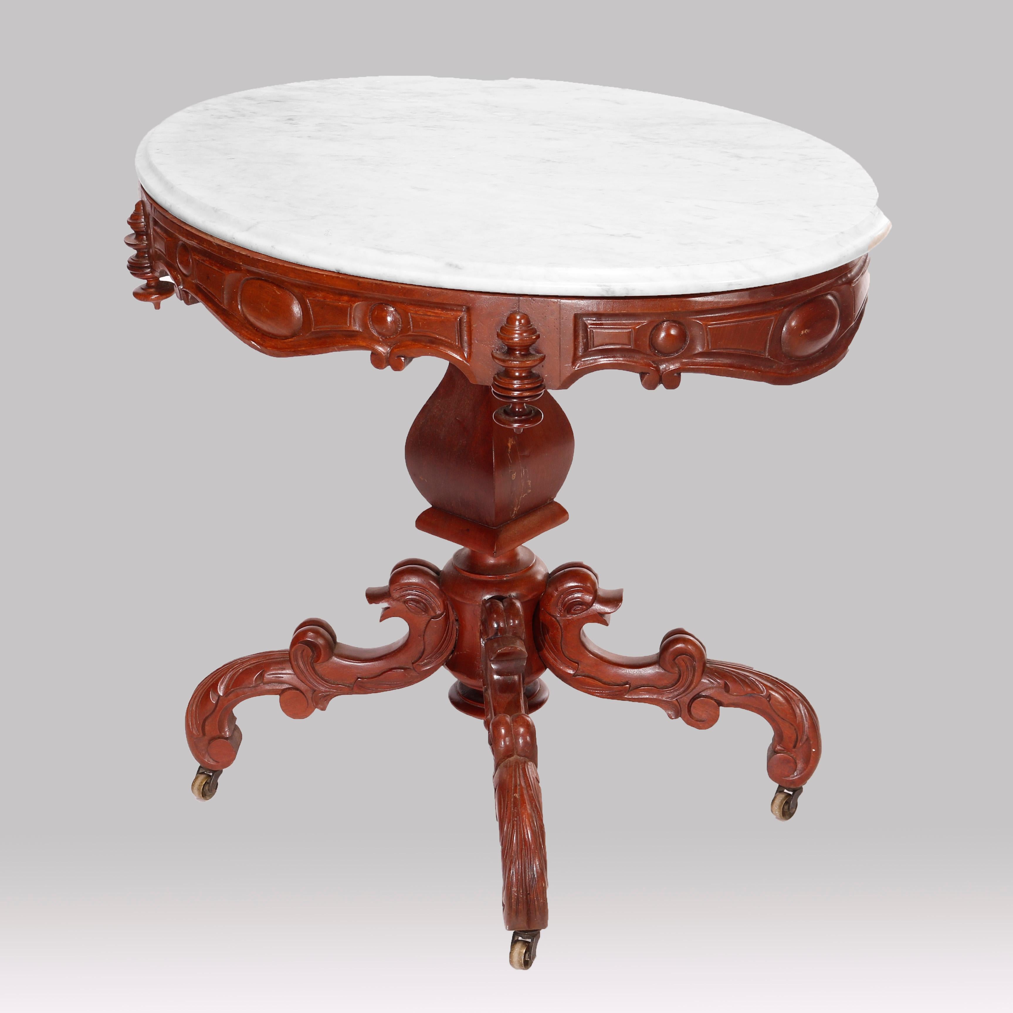 American Antique Renaissance Revival Figural Carved Oval Marble Top Parlor Table, c1880 For Sale