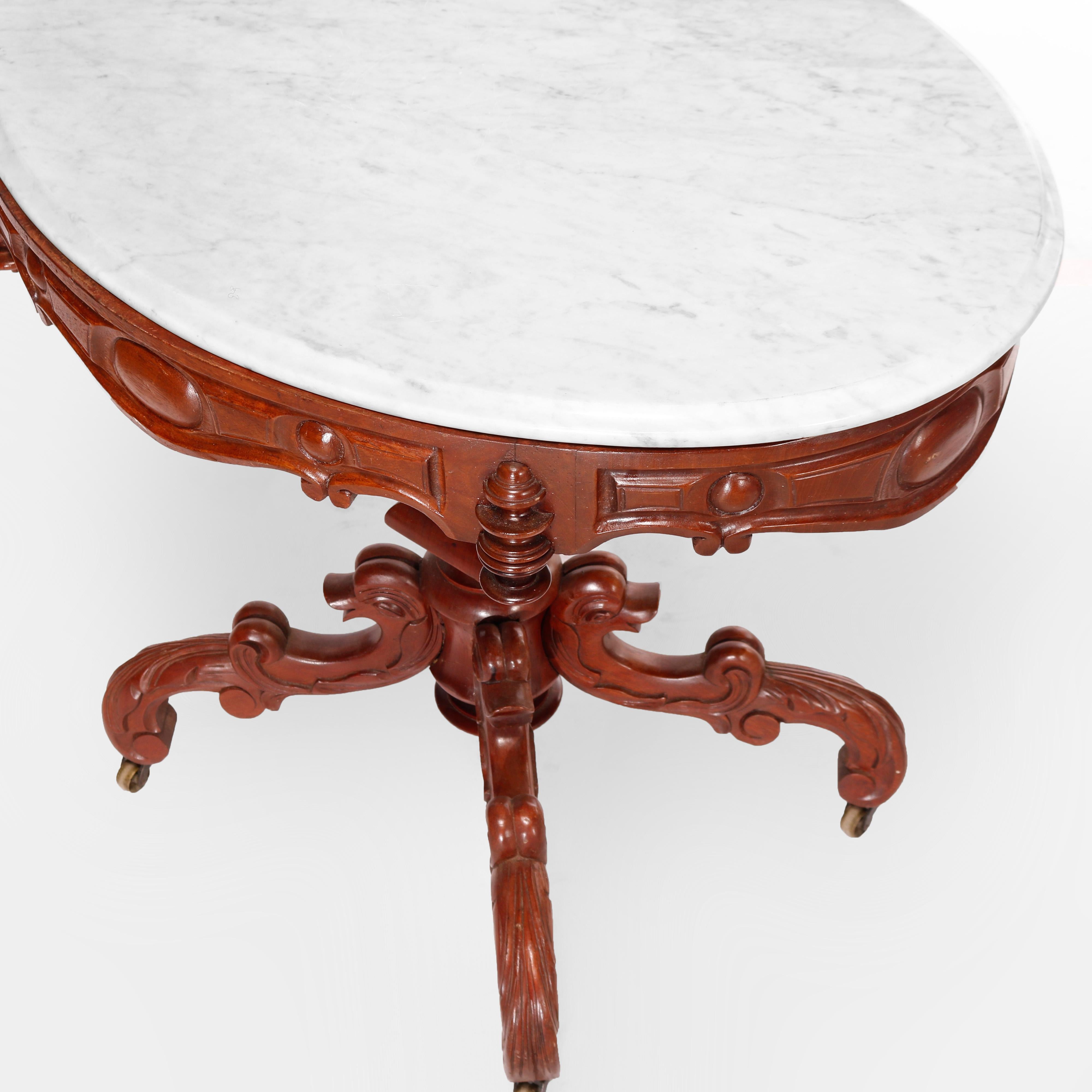 Antique Renaissance Revival Figural Carved Oval Marble Top Parlor Table, c1880 In Good Condition For Sale In Big Flats, NY