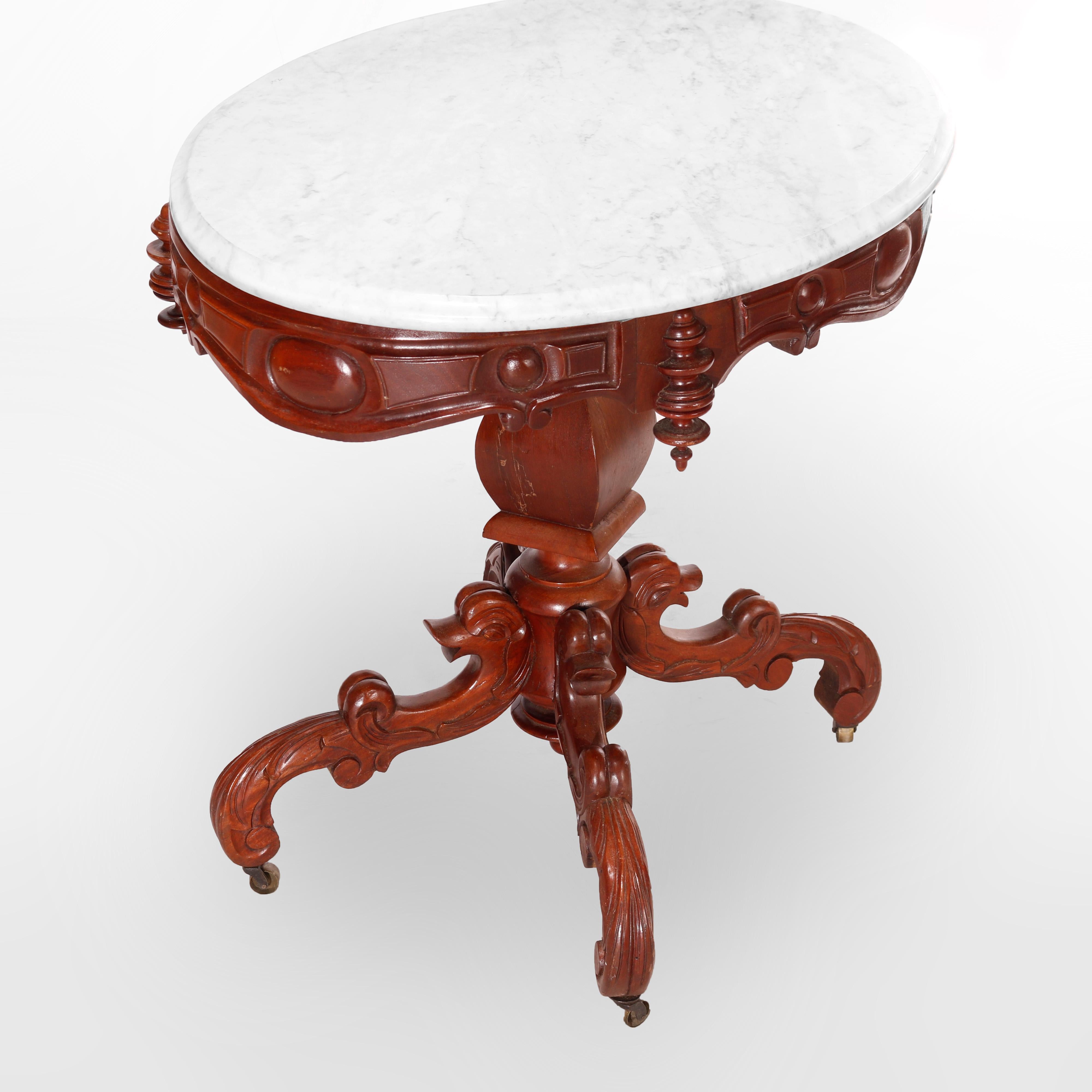 19th Century Antique Renaissance Revival Figural Carved Oval Marble Top Parlor Table, c1880 For Sale