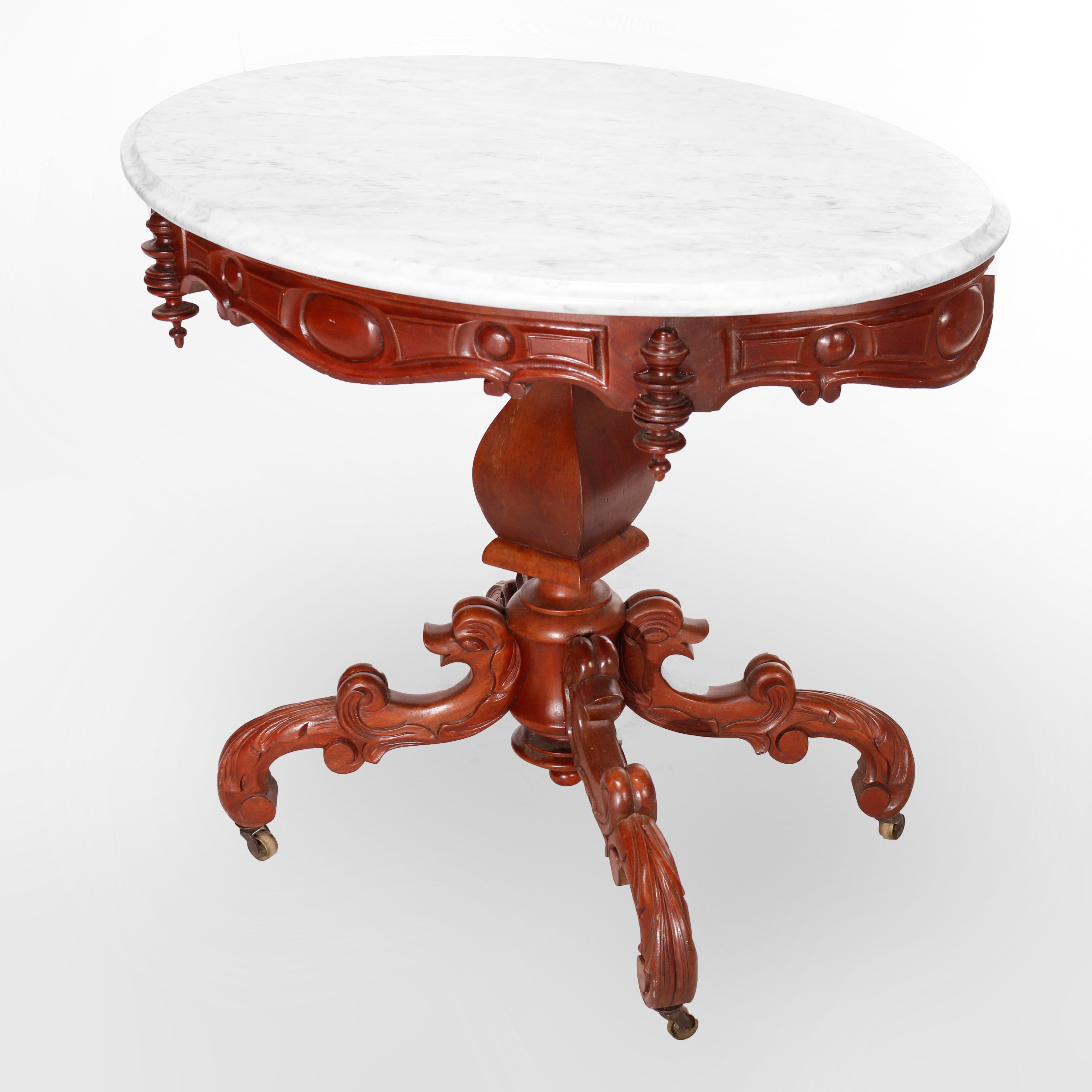 Antique Renaissance Revival Figural Carved Oval Marble Top Parlor Table, c1880 For Sale 1
