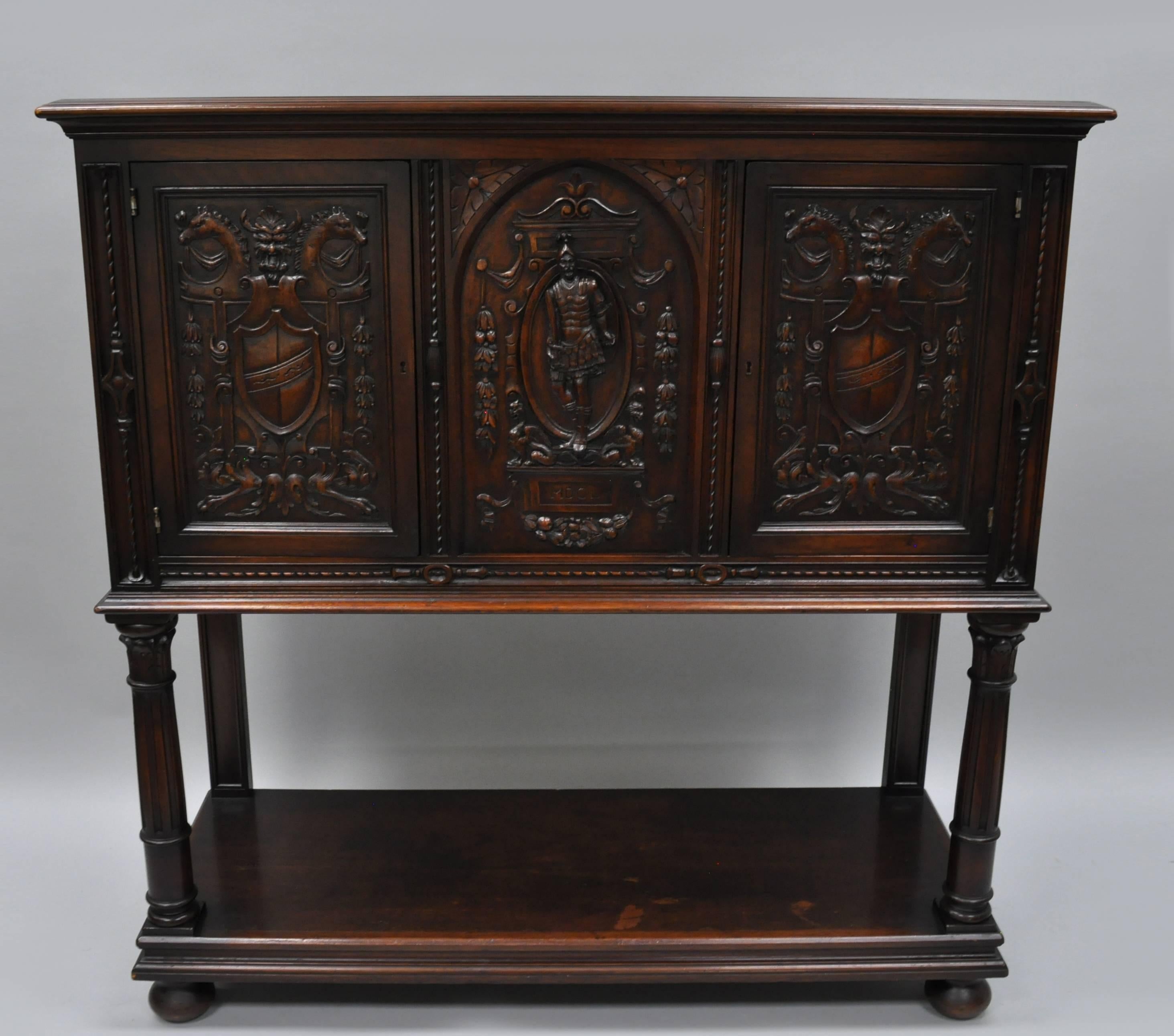 Antique Renaissance Revival Figural Carved Walnut Cabinet Sideboard Cupboard For Sale 5