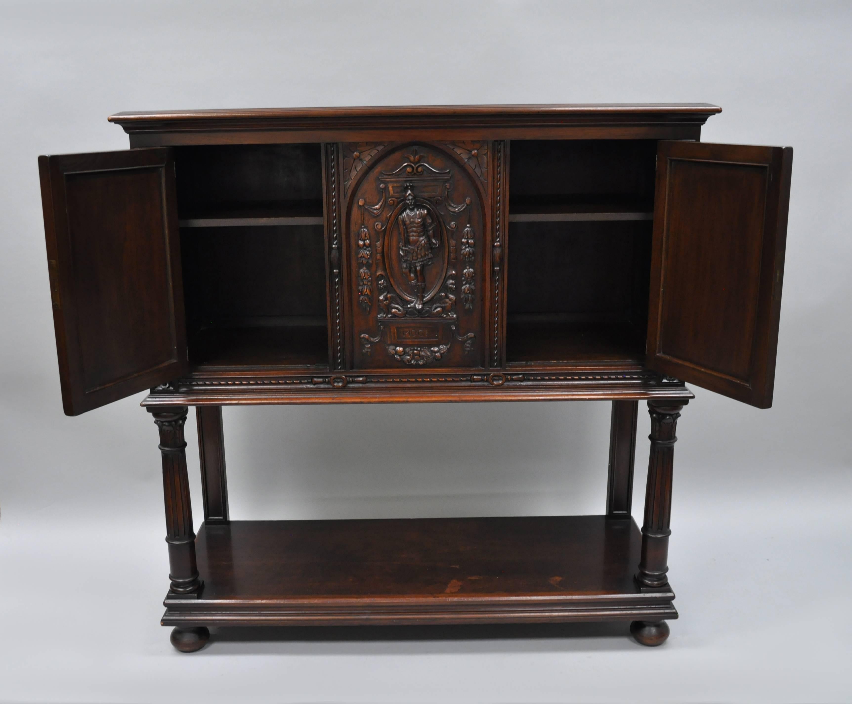 Antique Renaissance Revival Figural Carved Walnut Cabinet Sideboard Cupboard In Good Condition For Sale In Philadelphia, PA