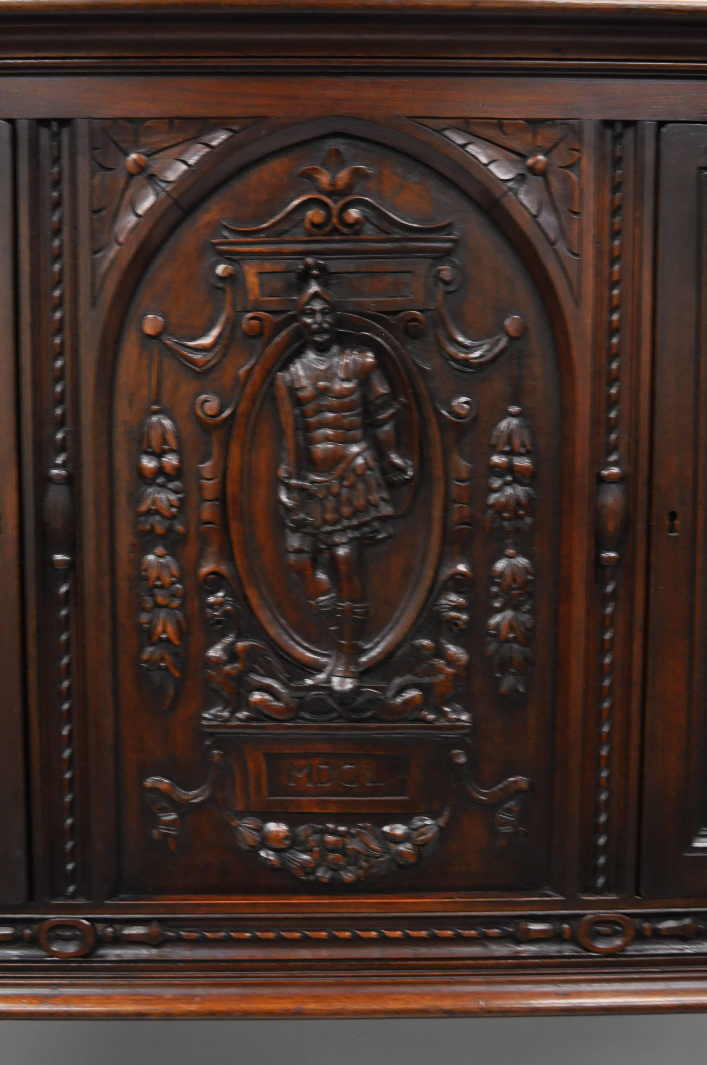20th Century Antique Renaissance Revival Figural Carved Walnut Cabinet Sideboard Cupboard For Sale