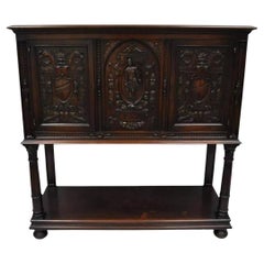 Antique Renaissance Revival Figural Carved Walnut Cabinet Sideboard Cupboard