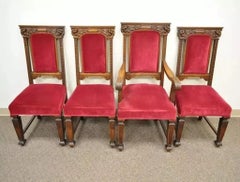 Antique Renaissance Revival Figural Lion Carved Oak Dining Chairs - Set of 4