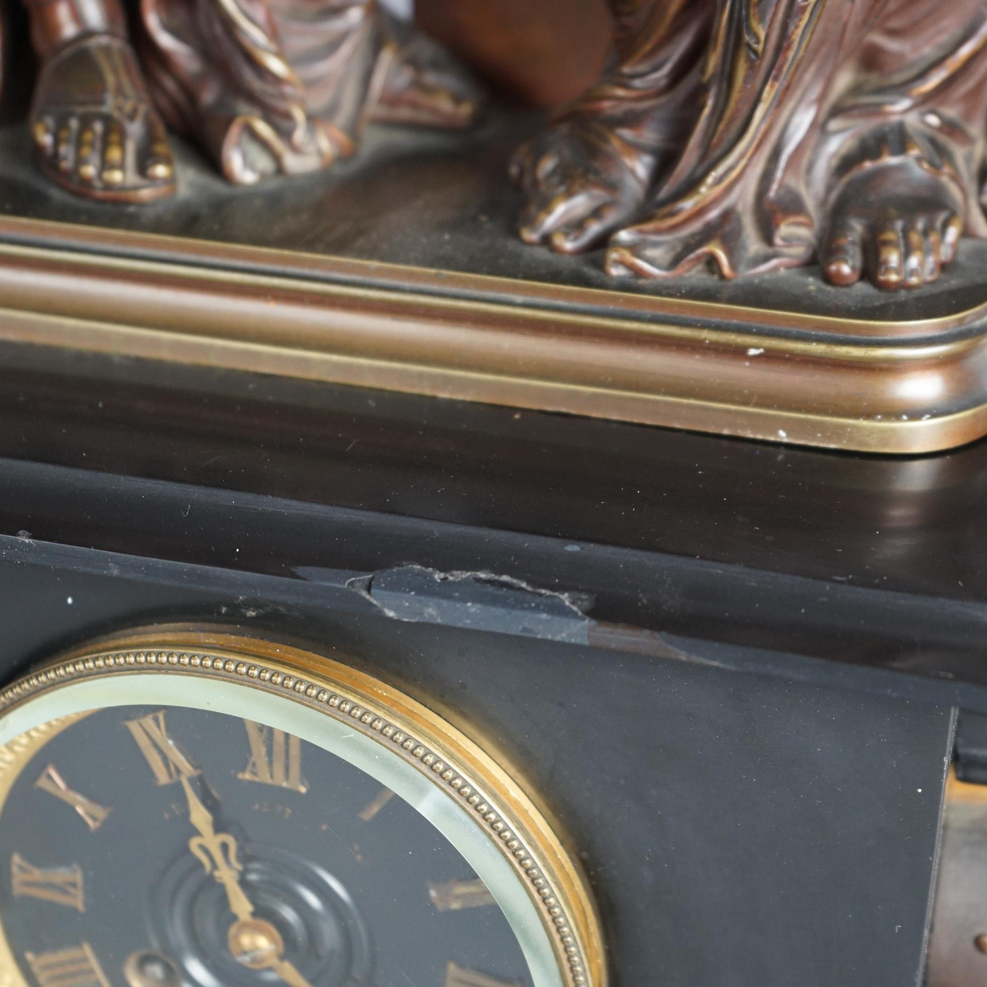 Antique Renaissance Revival Figural Slate Clock & Bronzed Torchers Signed Dubois 6