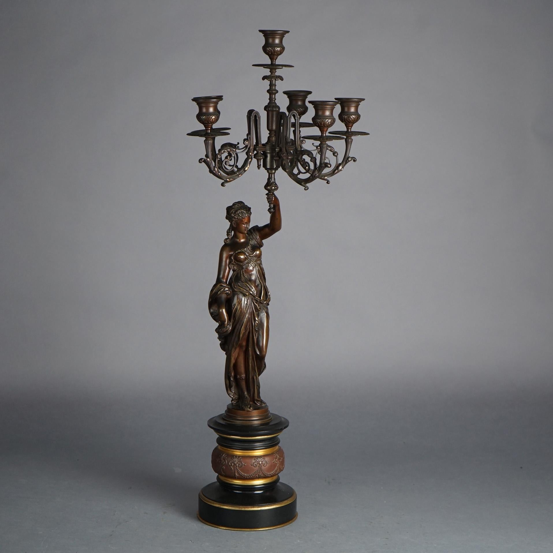 French Antique Renaissance Revival Figural Slate Clock & Bronzed Torchers Signed Dubois