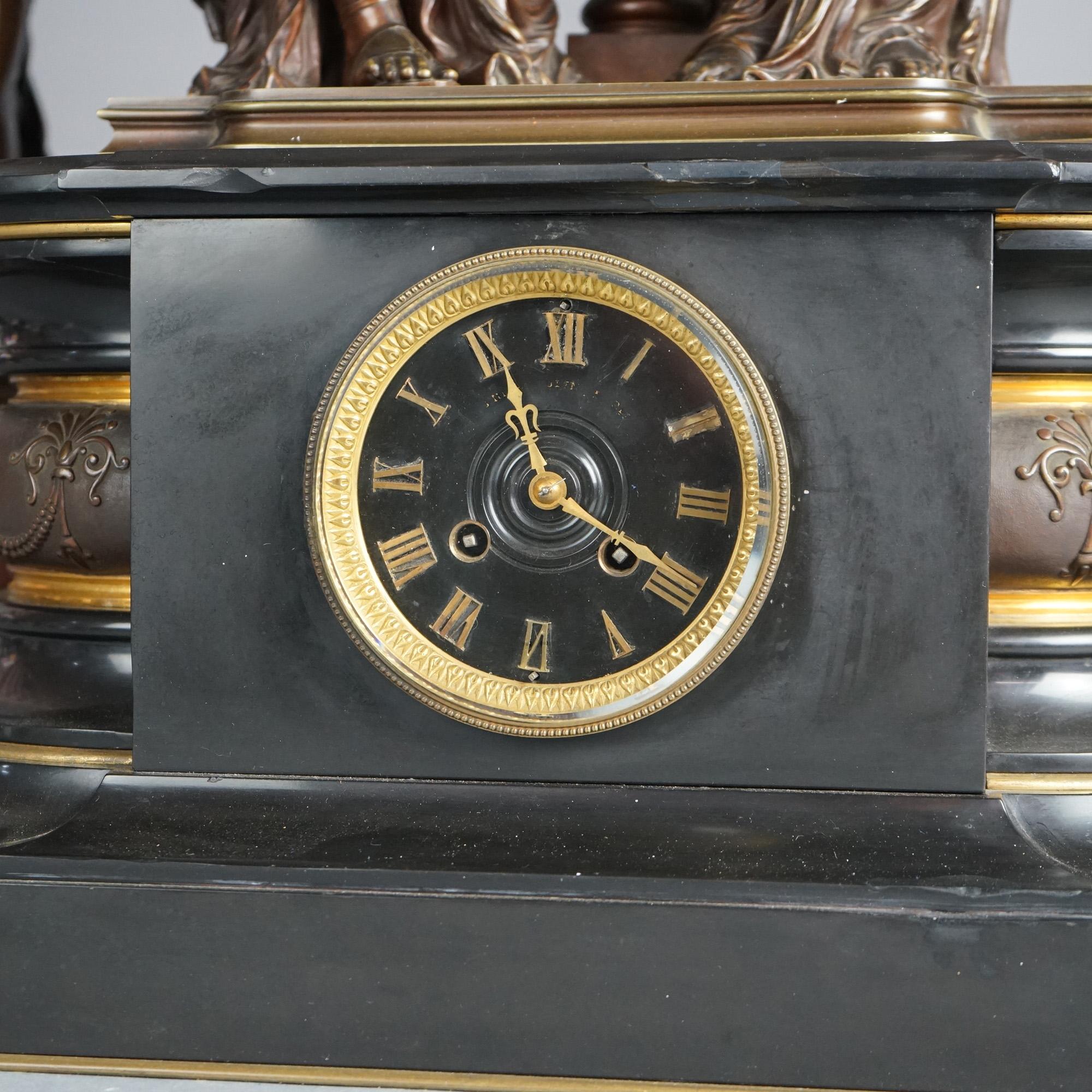 20th Century Antique Renaissance Revival Figural Slate Clock & Bronzed Torchers Signed Dubois